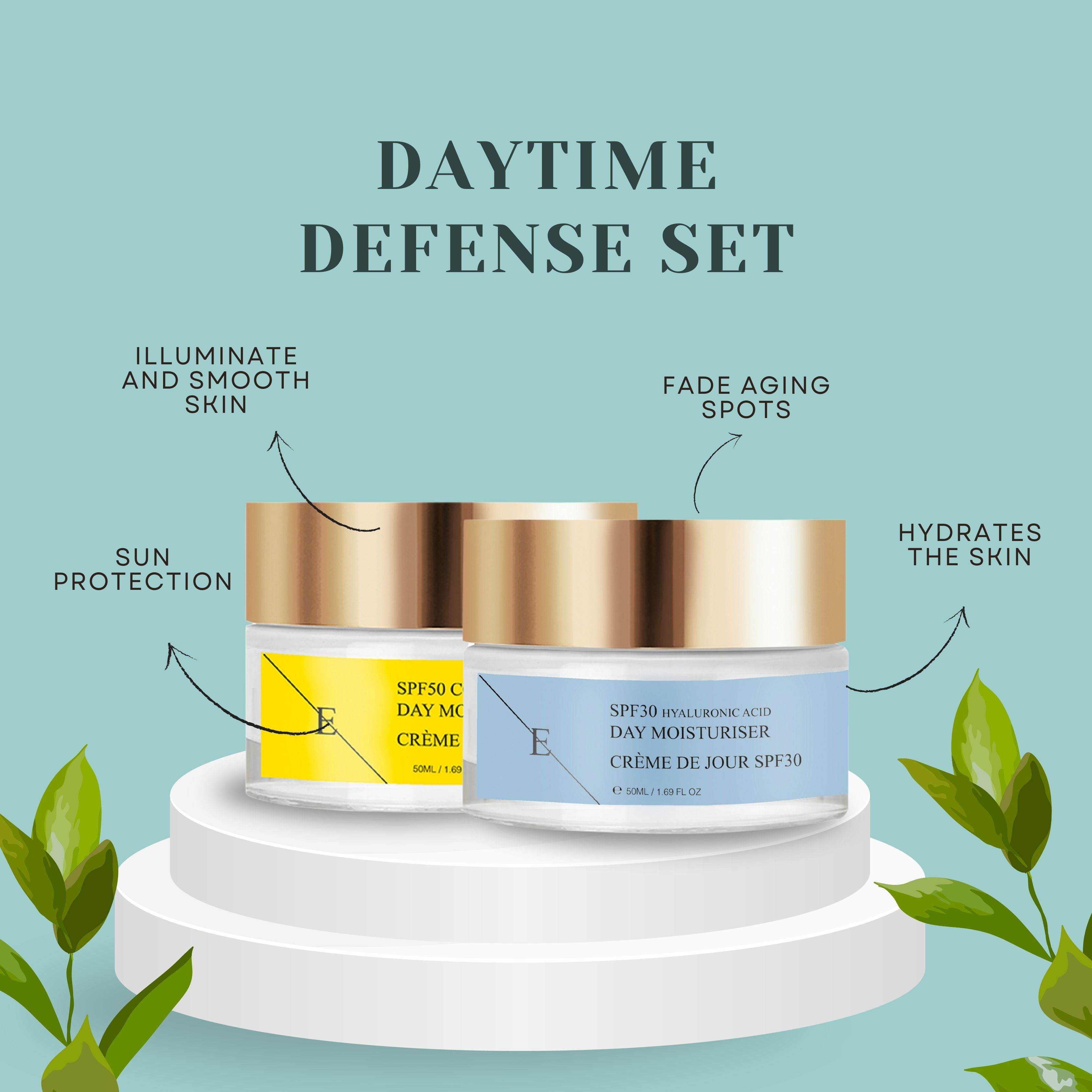 Zwei Cremetiegel auf einem Podest. Einer hat ein gelbes Etikett mit der Aufschrift SPF50 COLLAGEN DAY MOISTURISER. Der andere hat ein blaues Etikett mit der Aufschrift SPF30 HYALURONIC ACID.