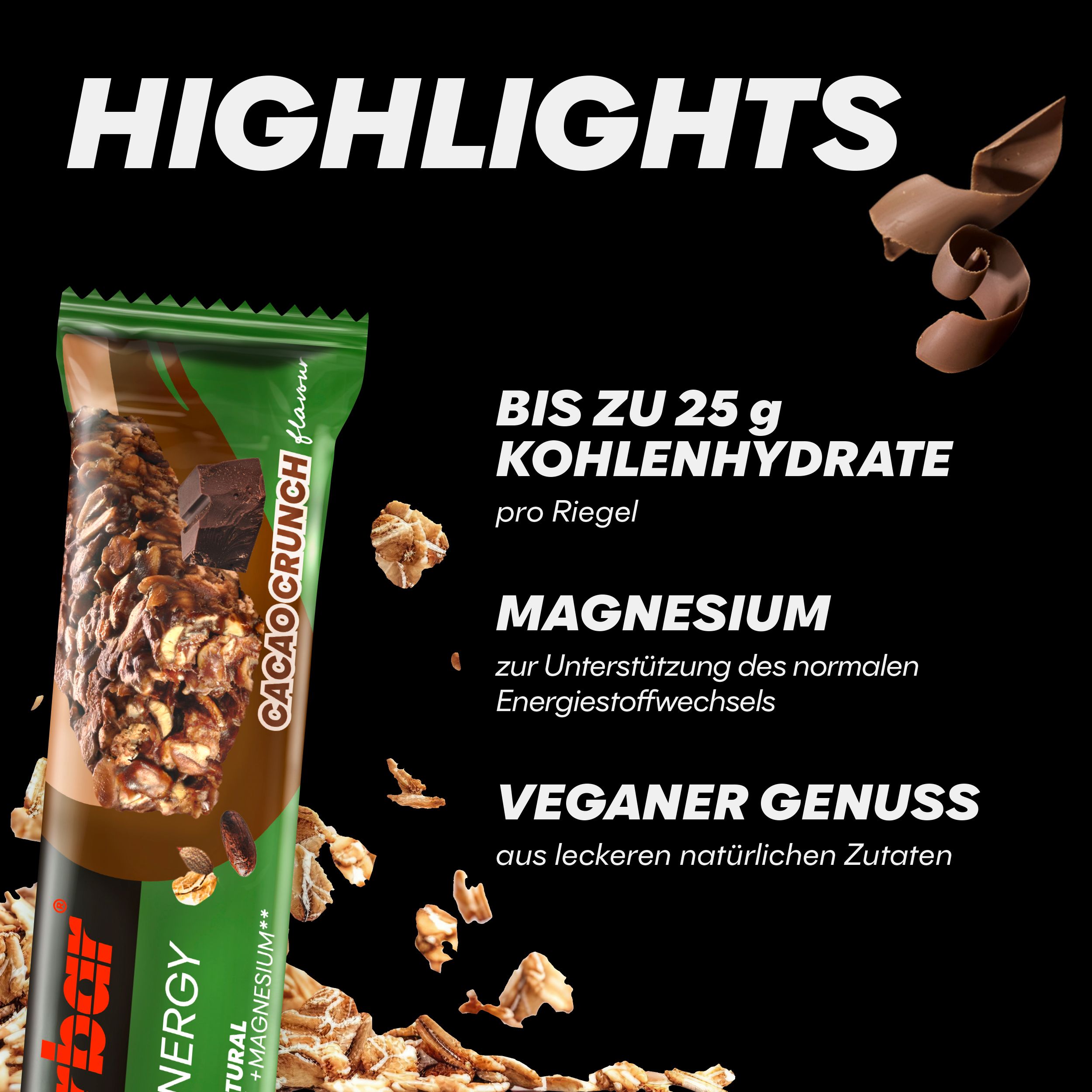 Energieriegel in grüner Verpackung. Aufschrift: Powerbar Natural Energy, Cacao Crunch. Enthält bis zu 25g Kohlenhydrate, Magnesium, vegan.