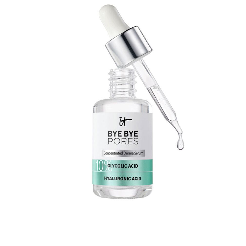 Glasflasche mit Pipette, enthält klares Serum. Etikett zeigt 'Bye Bye Pores' und '10% Glykolsäure'.