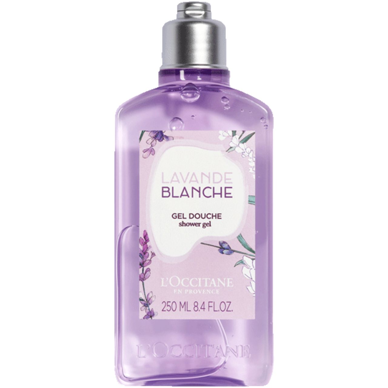 L'Occitane Lavande Blanche Duschgel. Flasche mit lila Flüssigkeit. Etikett mit Produktnamen und floralen Illustrationen.
