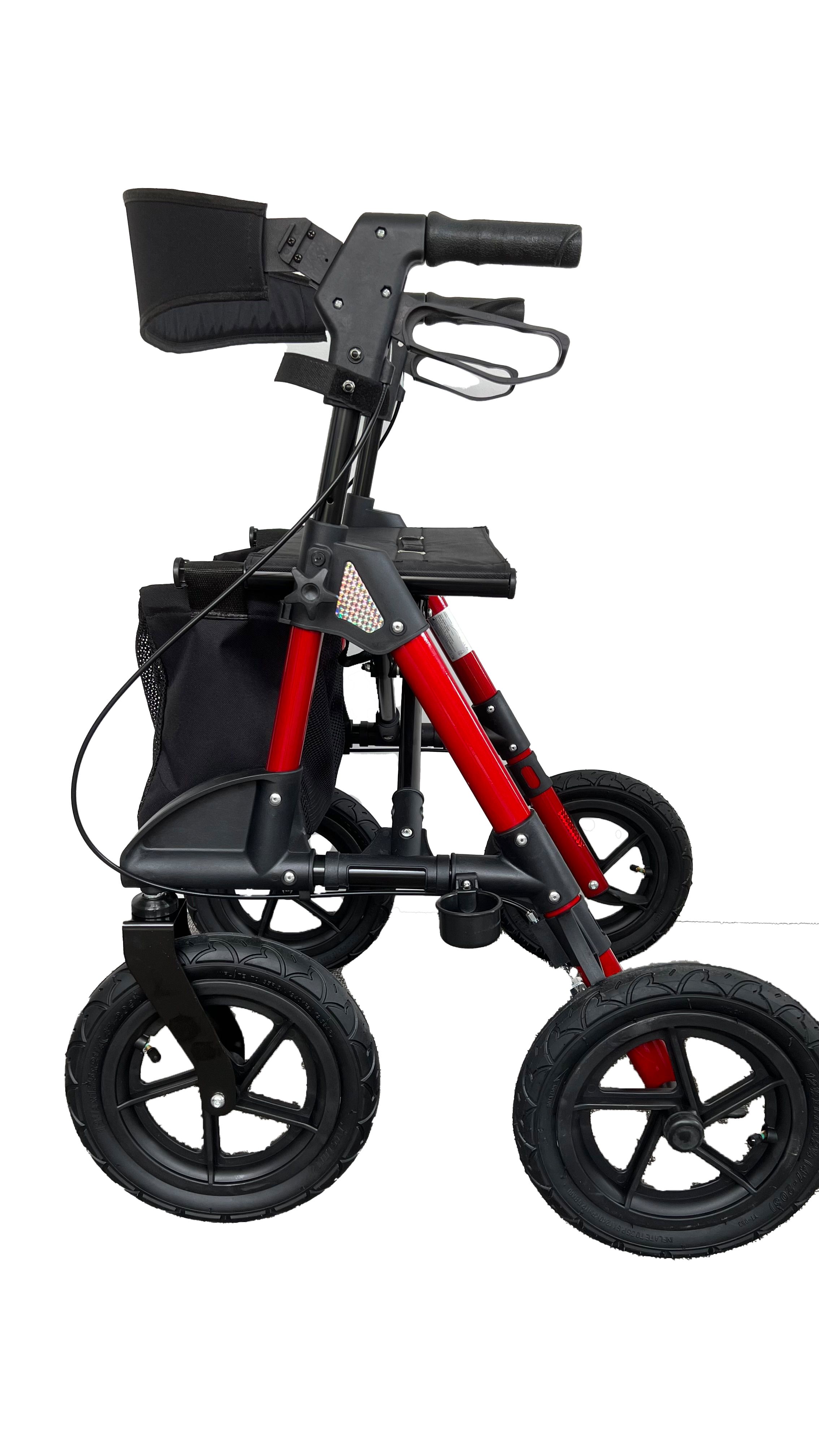 Rollator mit roten Elementen, großen Rädern und schwarzem Korb. Seitenansicht.