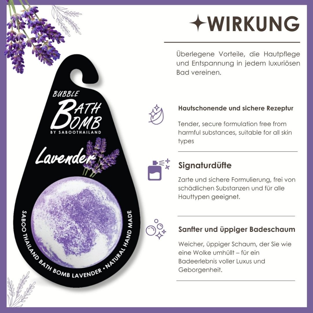 Infografik mit Text und Icons. Badewannenbombe, Text: Bubble Bath Bomb, Lavendel, Natural Hand Made. Wirkung, Inhaltsstoffe.