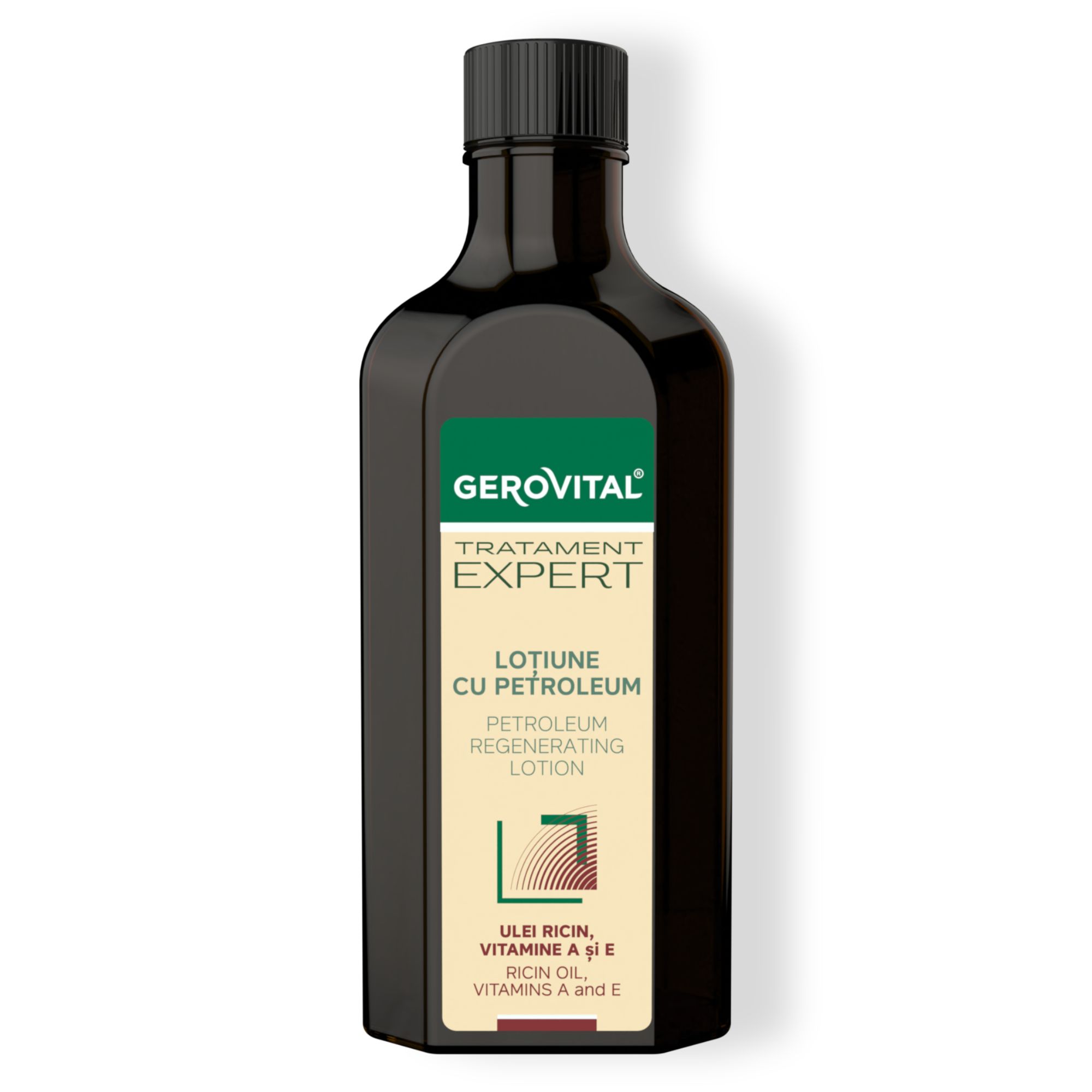 Braune Flasche mit schwarzem Deckel. Etikett mit Text: Gerovital, Tratament Expert, Lotiune cu Petroleum.  