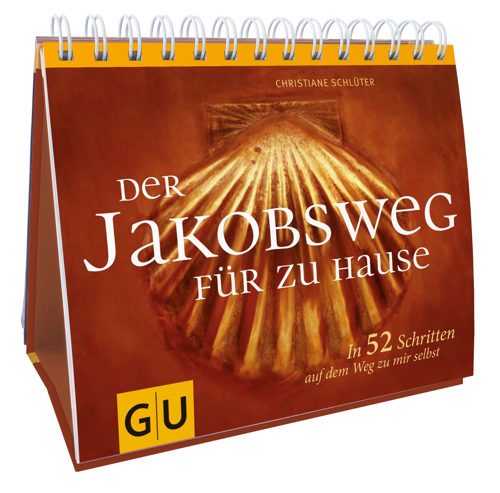 Tischkalender „Der Jakobsweg für zu Hause“. Brauner Hintergrund, weiße Schrift. Spiralbindung. Muschel-Illustration.