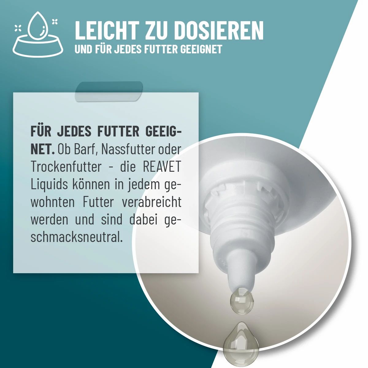 Nahaufnahme des Tropfverschlusses. Text: Leicht zu dosieren und für jedes Futter geeignet. Tropfen fallen aus der Flasche.
