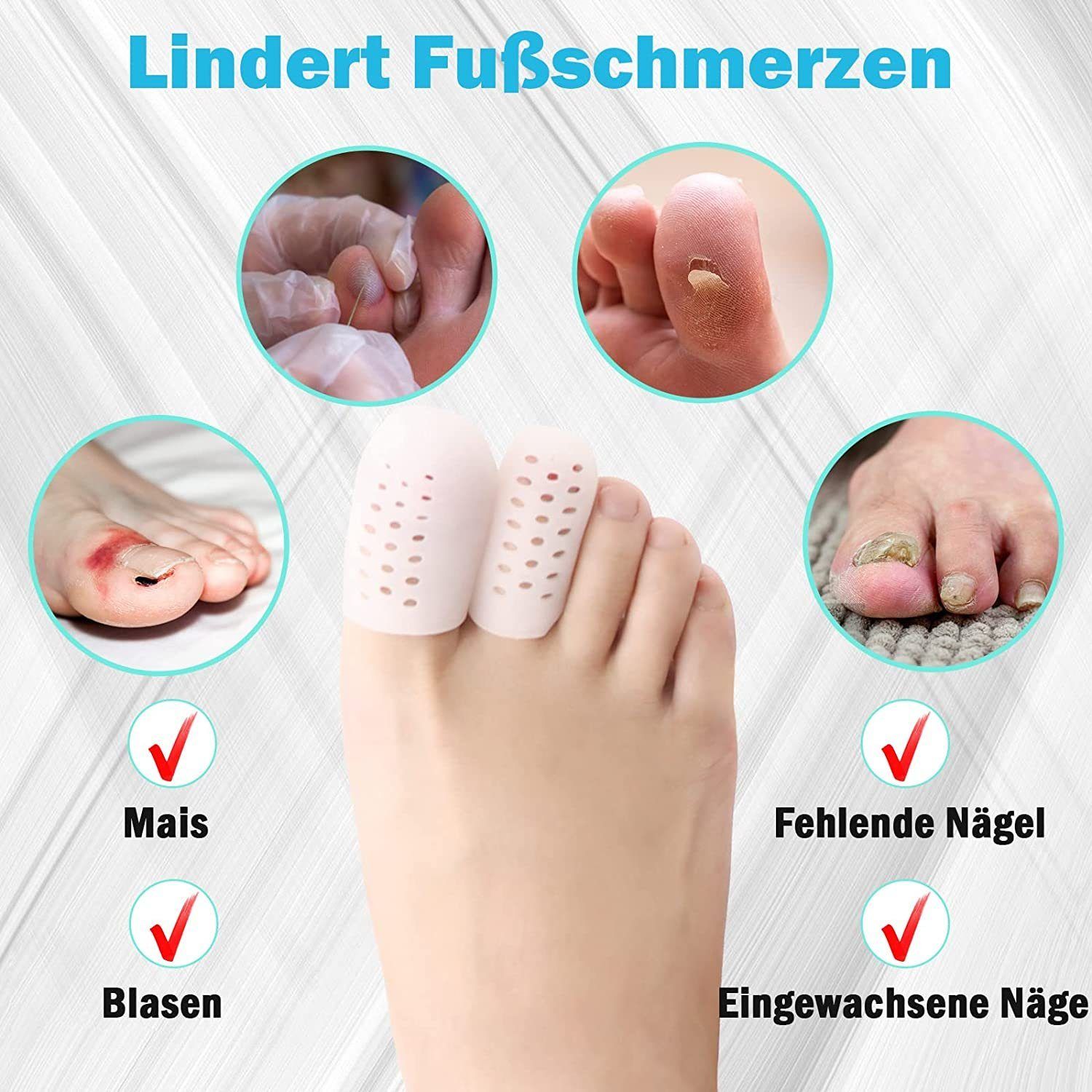 Nahaufnahme eines Fußes mit Zehenschutzkappen. Vier kleine Bilder zeigen Probleme: Mais, Blasen, fehlende Nägel, eingewachsene Nägel.