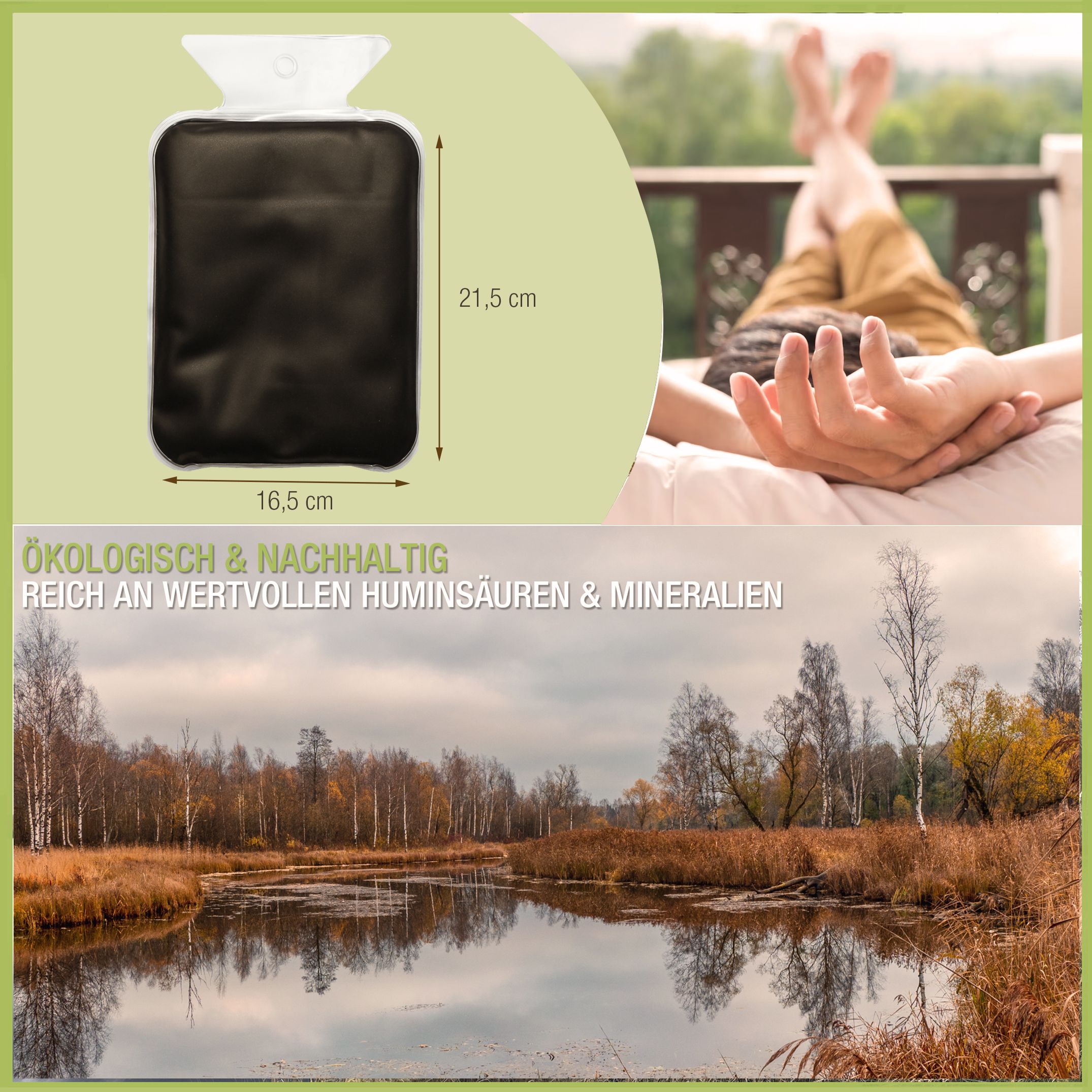 Wärmflasche mit Maßangaben. Text: Ökologisch & nachhaltig, reich an Huminsäuren & Mineralien. Hintergrund: Landschaft.
