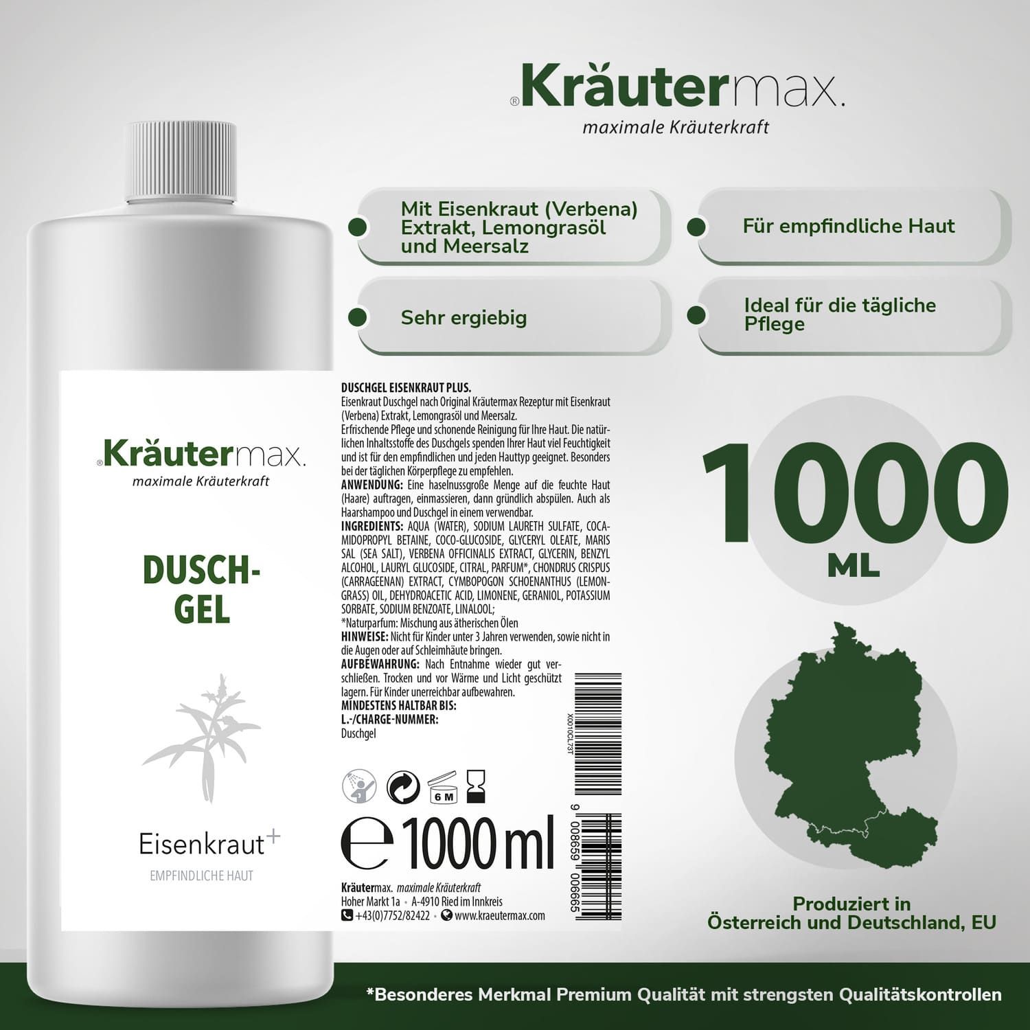 Weißes Duschgel-Flakon mit 1000 ml. Enthält Eisenkraut-Extrakt. Für empfindliche Haut. Produziert in Österreich und Deutschland.