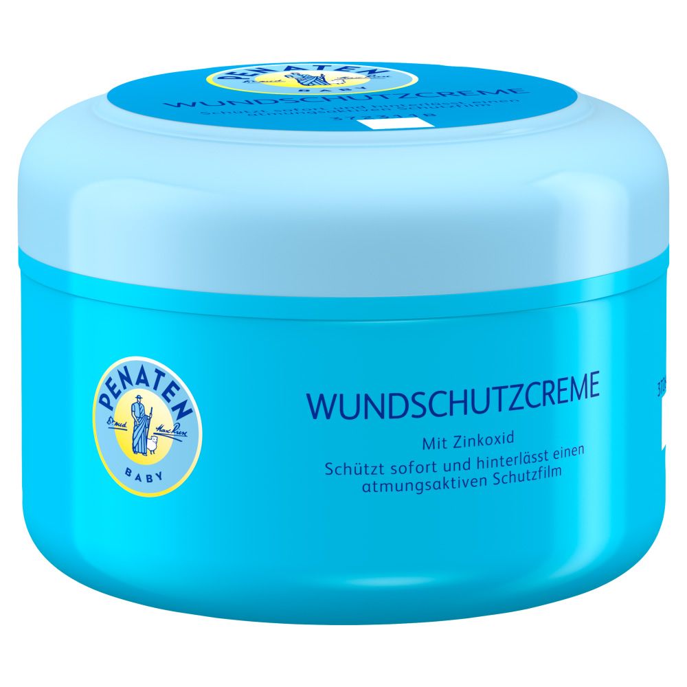 Hellblaues Tiegel mit Deckel. Aufschrift: Wundschutzcreme, mit Zinkoxid. Logo: Penaten Baby. Aufkleber: 372448.