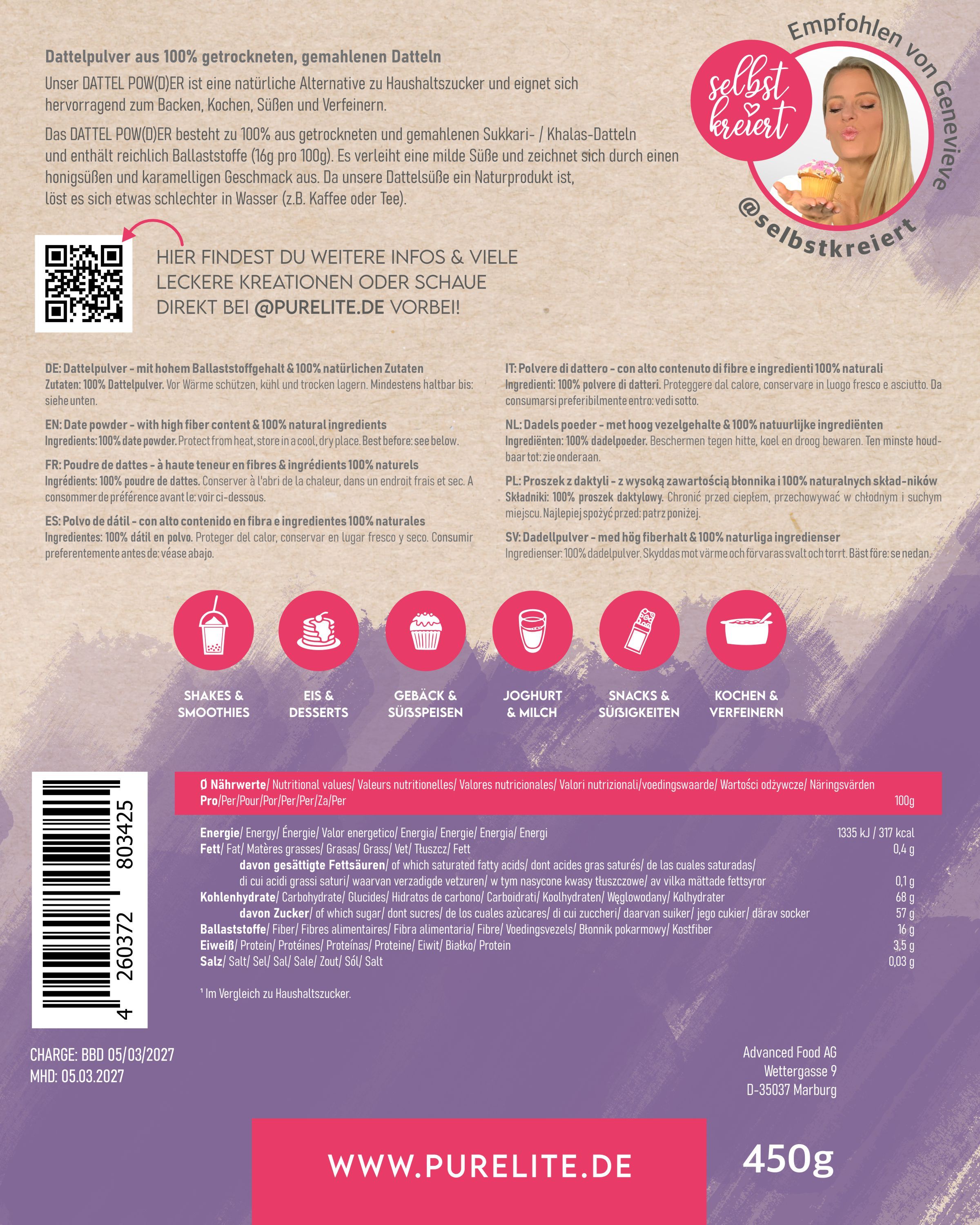 Rückseite der Verpackung von PURELITE Dattelzucker. Enthält Informationen zu Inhaltsstoffen, Nährwerten und Zubereitungsideen.