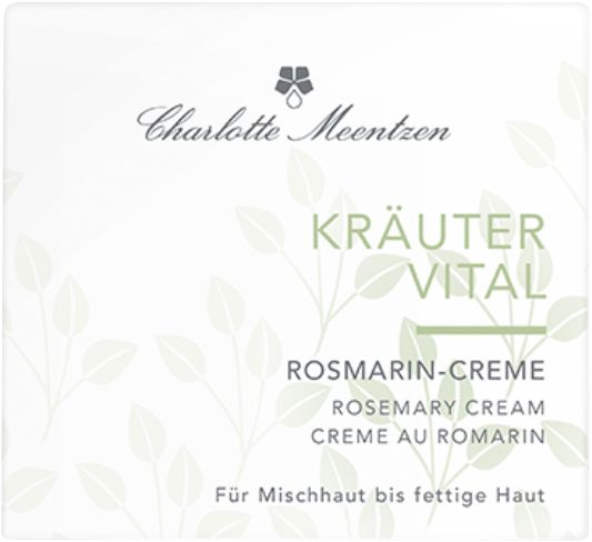 Verpackung Kräutervital Rosmarin-Creme. Text: Charlotte Meentzen, Kräutervital, Rosmarin-Creme, Creme au Romarin. Für Mischhaut bis fettige Haut.