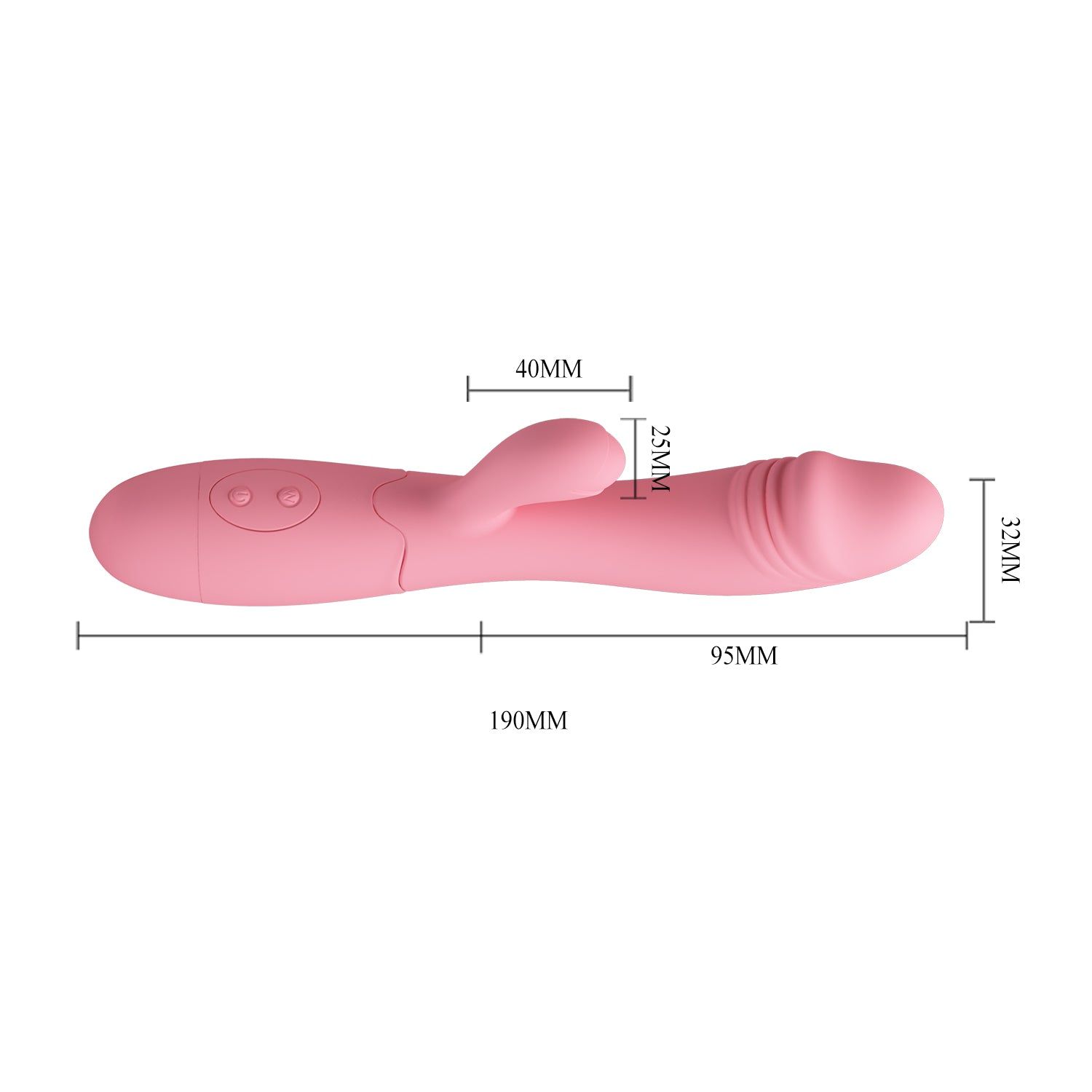 Rosa Vibrator mit Maßen: 190mm lang, 95mm breit, 32mm hoch. Zwei Knöpfe.