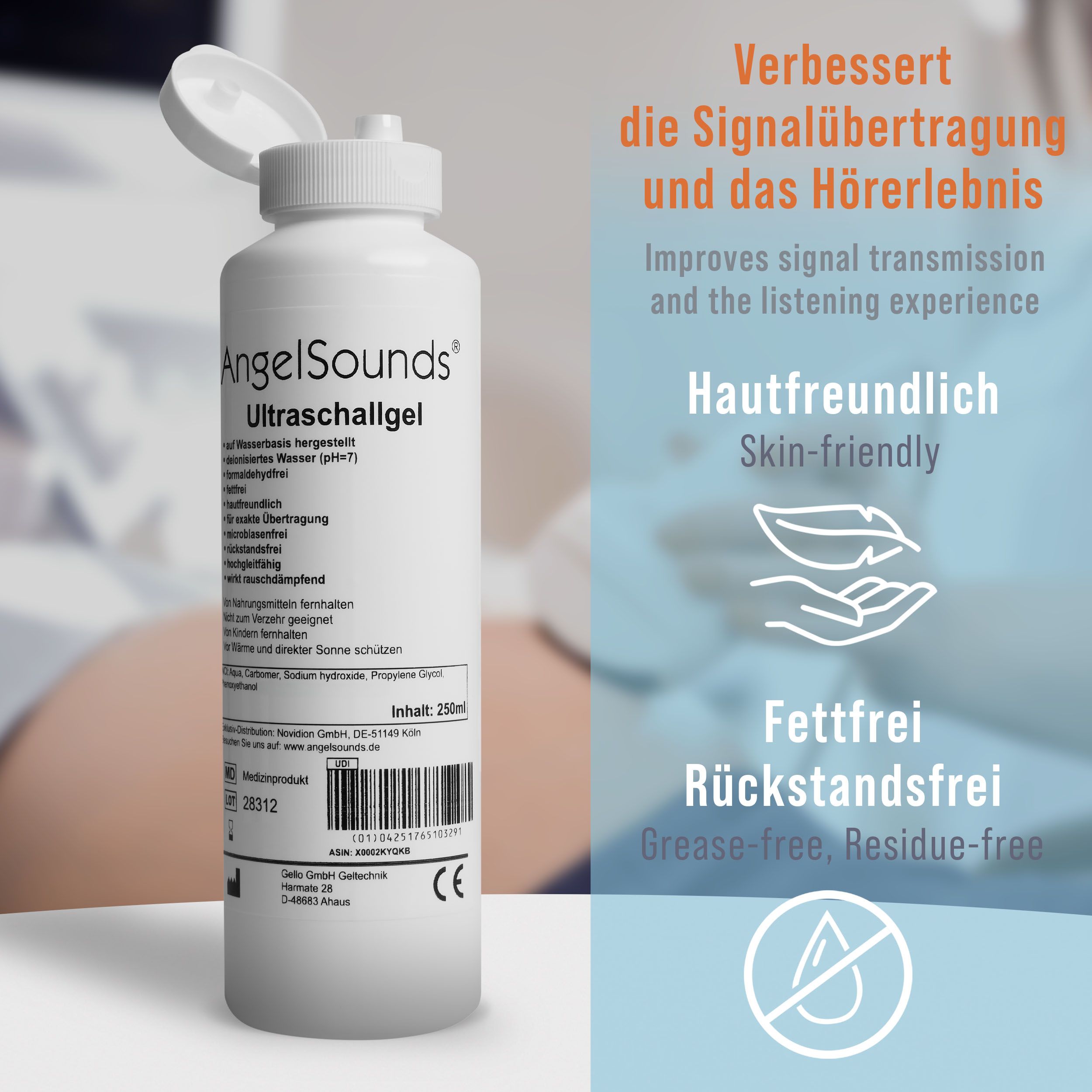 Weiße Flasche mit Schraubverschluss, geöffnet. Text: AngelSounds Ultraschallgel. Zusätzliche Texte und Grafiken. Hautfreundlich, fettfrei.