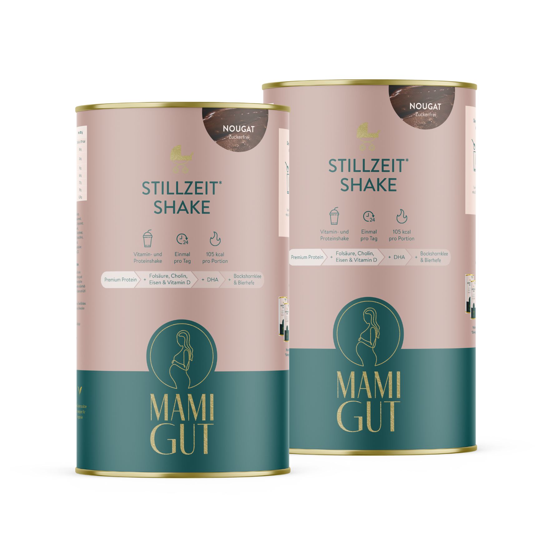 Zwei Dosen "Stillzeit Shake". Rosa-beige Dosen mit grünem Deckel. Logo: Mami Gut. Text: Vitamin D, Cholin, DHA.