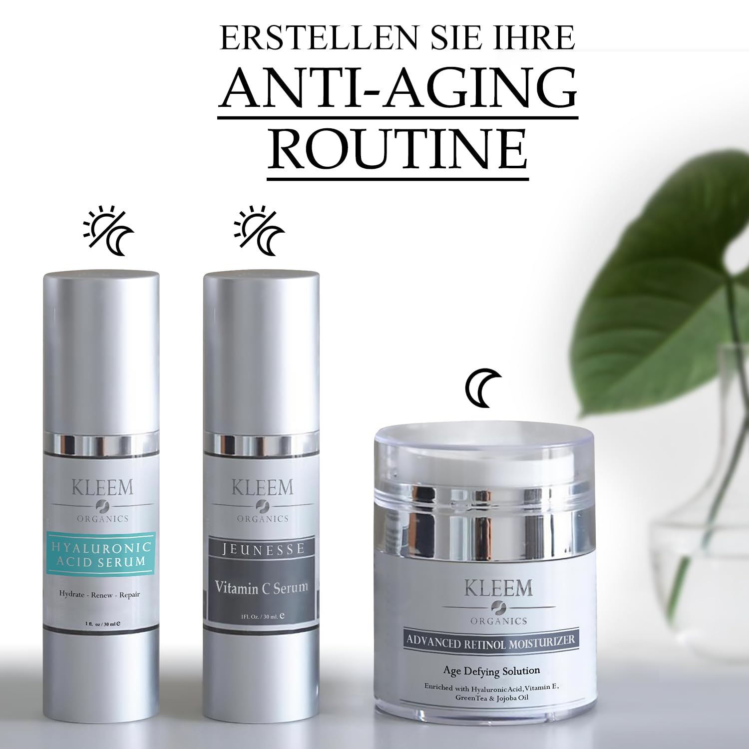 Drei Produkte auf einer Oberfläche. Text: Erstellen Sie Ihre Anti-Aging Routine. Kleem Organics Produkte.