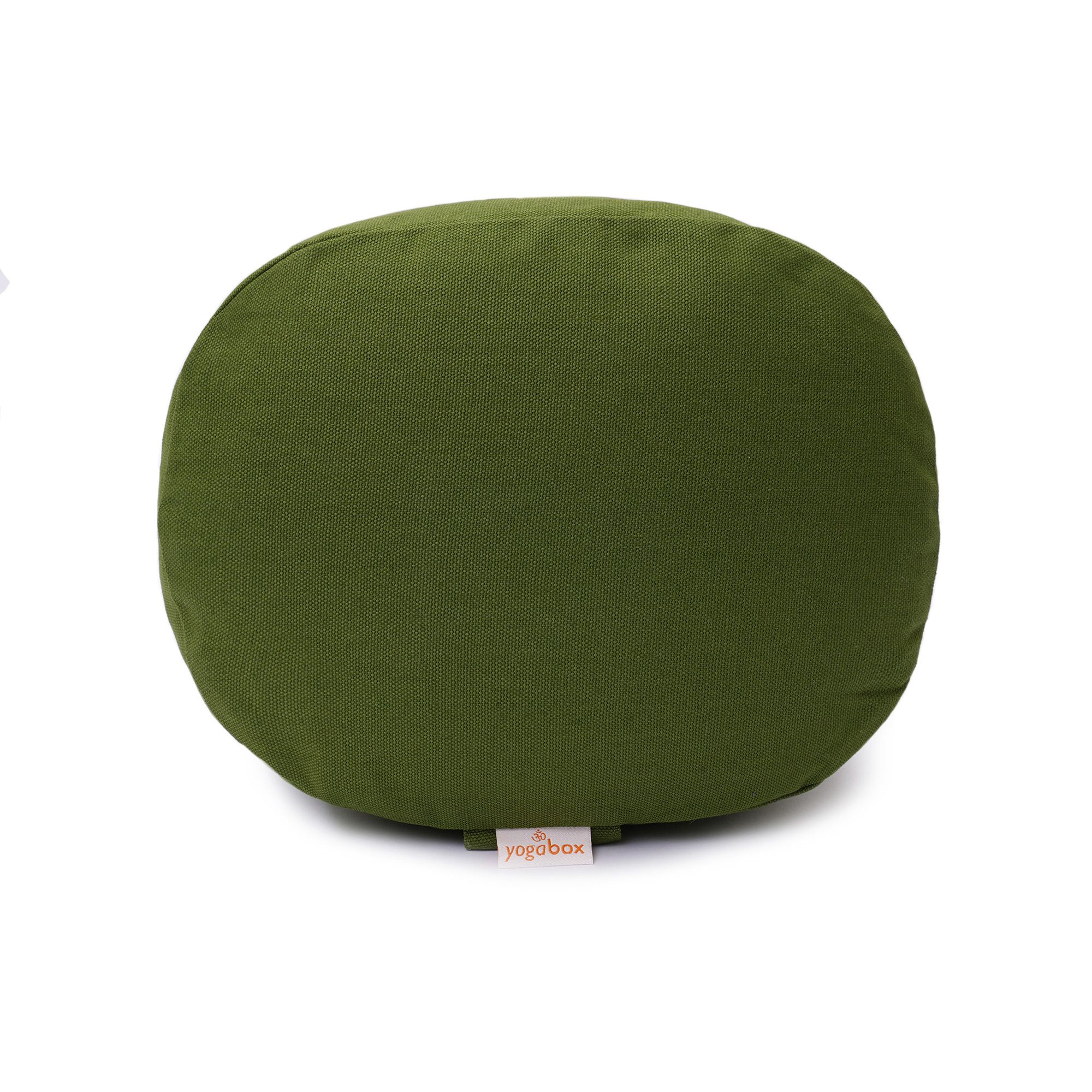 Rückansicht eines olivgrünen, ovalen Meditationskissens mit Yogabox-Logo.