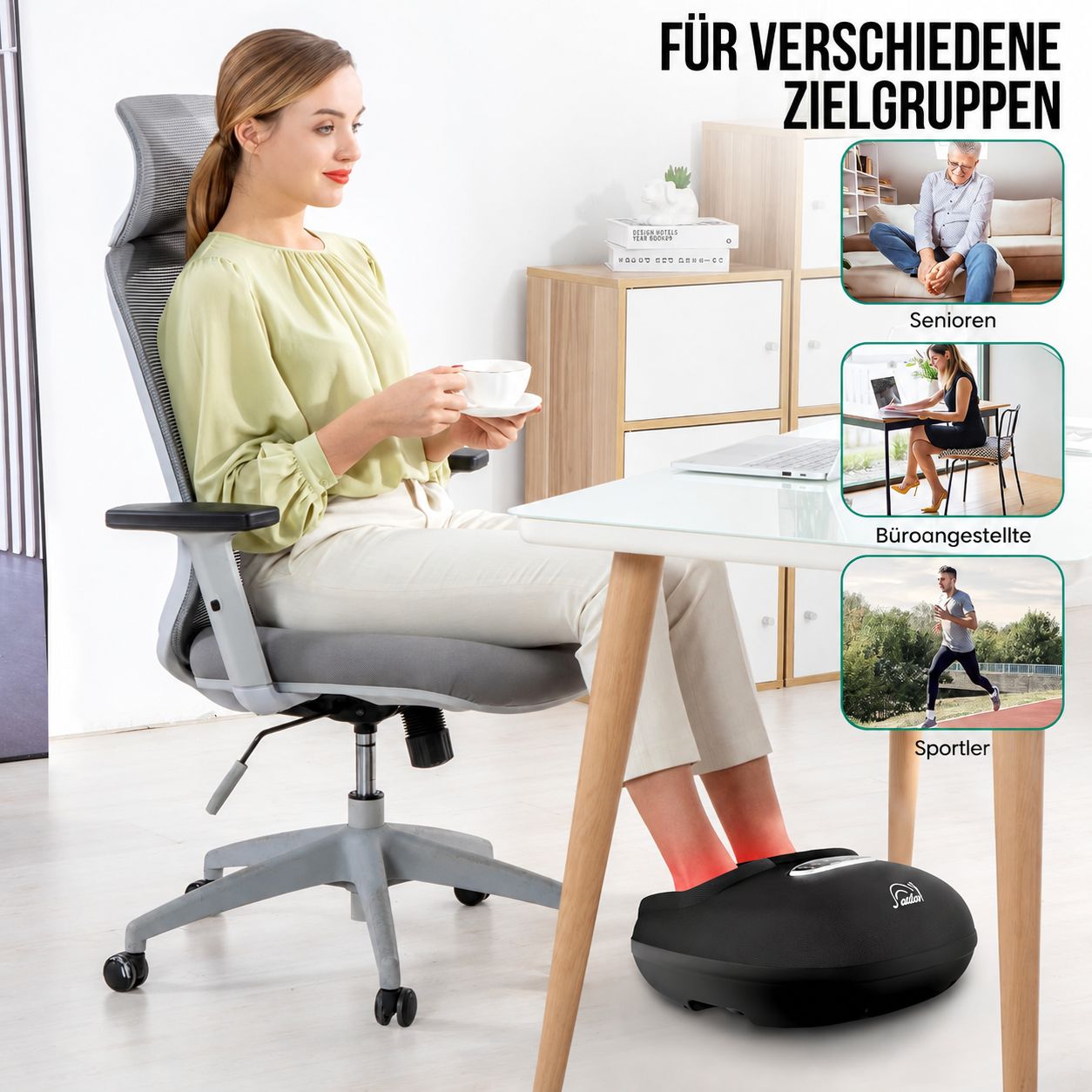 Schwarzer Fußmassagegerät mit Heizfunktion, für verschiedene Zielgruppen.