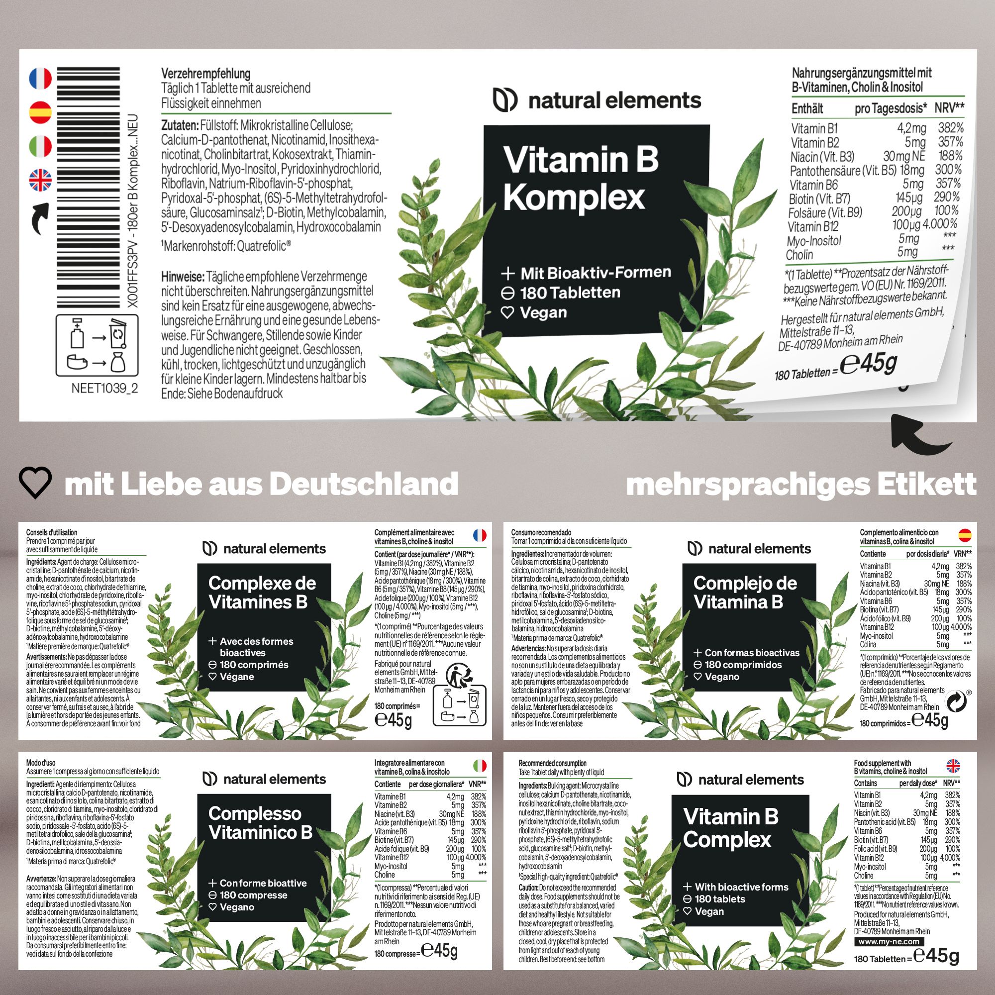 Mehrsprachiges Etikett mit Produktinformationen. Enthält deutsche, französische, italienische und spanische Beschreibungen.