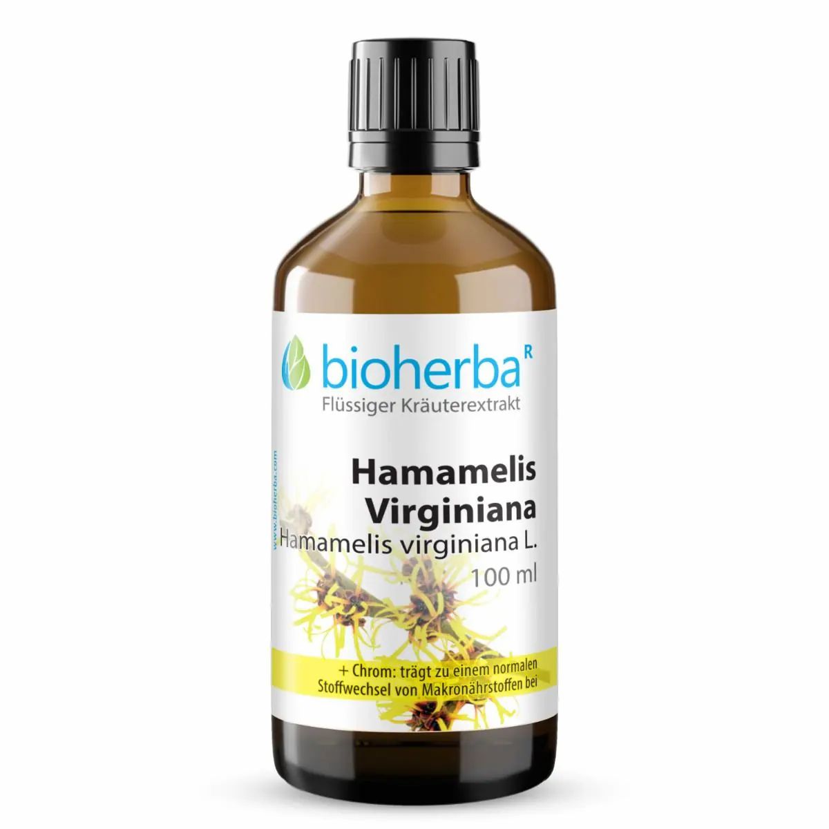 Braune Glasflasche mit schwarzem Schraubverschluss. Etikett mit Bioherba Hamamelis Virginiana. 100 ml.