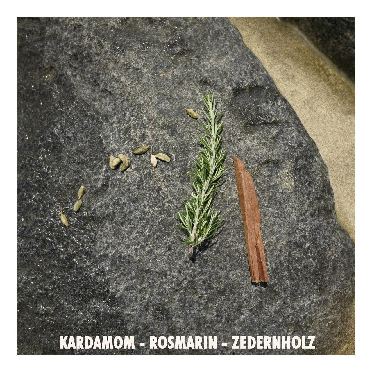 Kardamom, Rosmarin und Zedernholz auf einem Stein. Natürliche Zutaten.