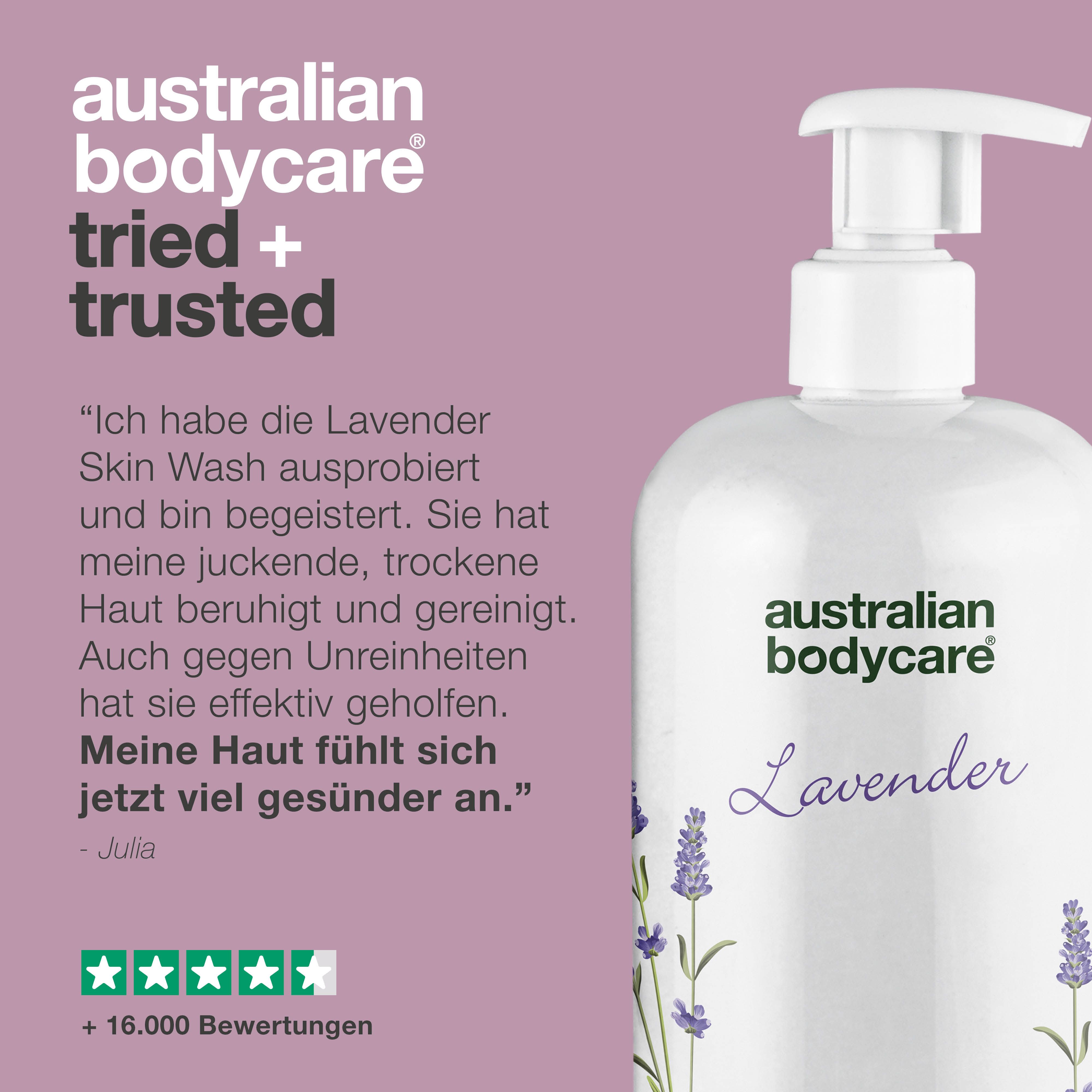 Produktabbildung: Flasche mit Pumpe. Text: Australian Bodycare, Lavender, Tea Tree Oil Skin Wash.