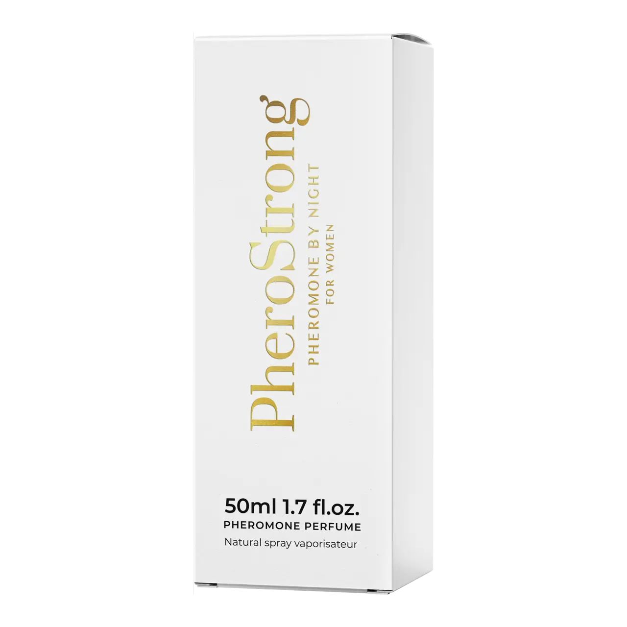 Weiße Verpackung mit goldfarbenem Schriftzug PheroStrong. 50ml. Pheromon-Parfüm.