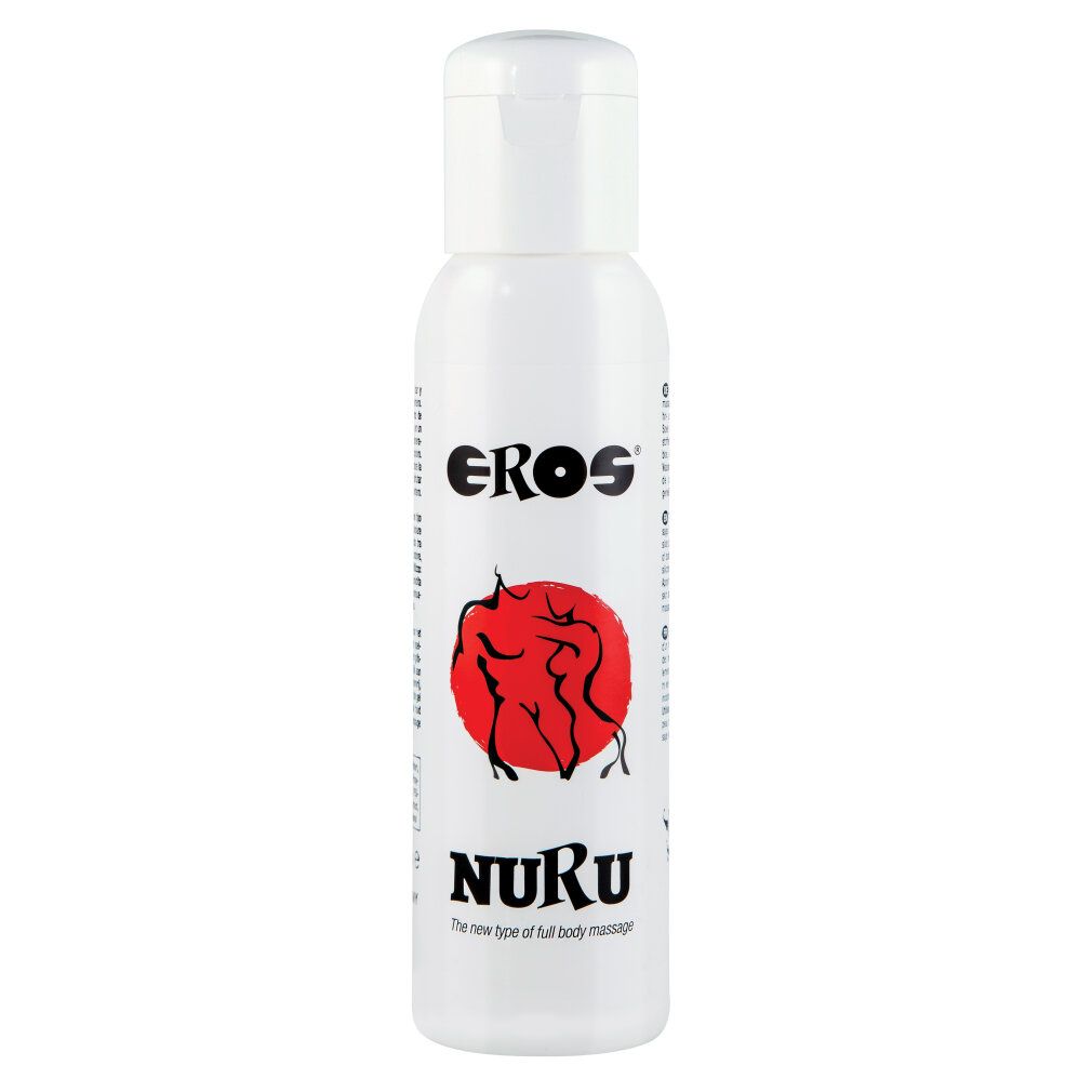 Weiße Flasche mit weißem Deckel. Aufdruck: EROS, roter Kreis mit Figuren, NURU.