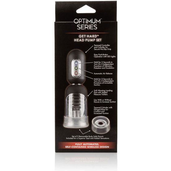 Schwarze Box mit Produktabbildung und Text: OPTIMUM SERIES, GET HARD HEAD PUMP SET. Produktbeschreibung.