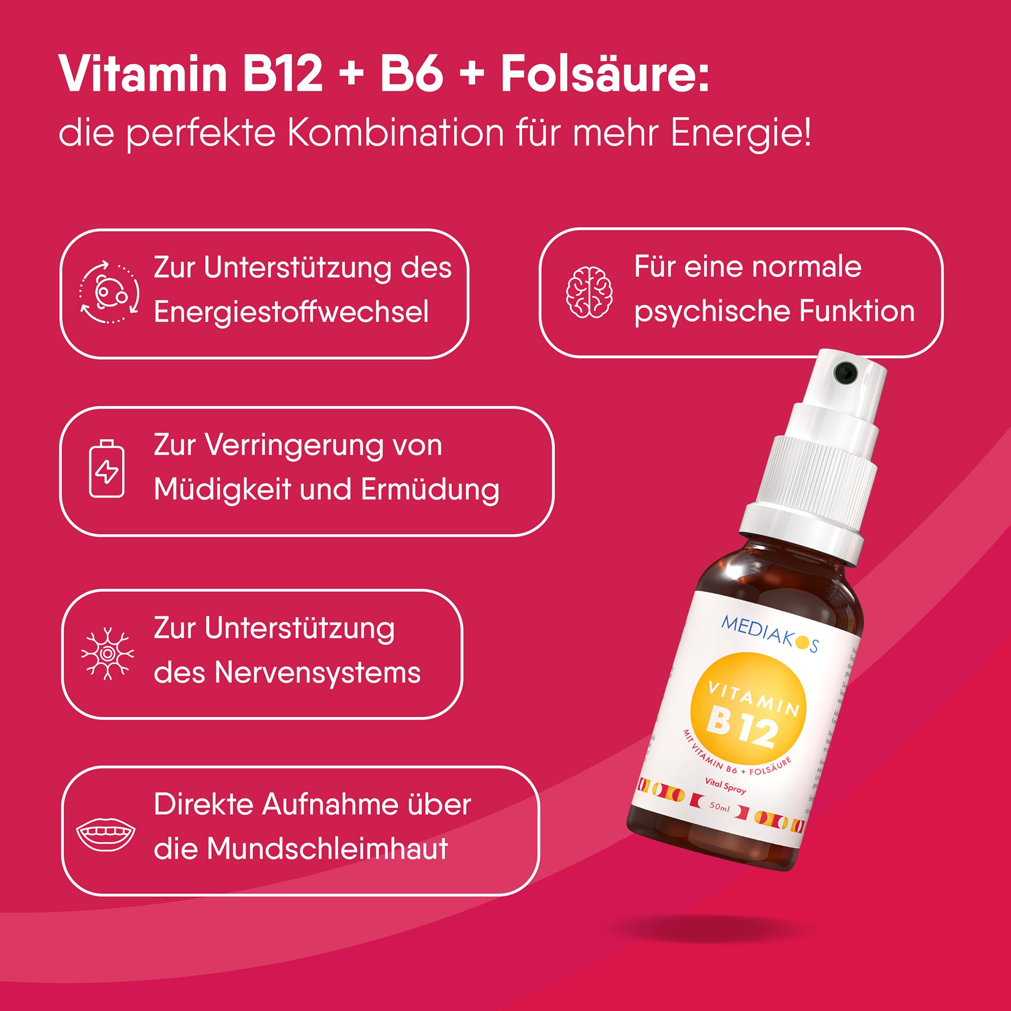 Grafik mit Icons und Text: Energie, psychische Funktion, Müdigkeit, Nervensystem, Aufnahme über Mundschleimhaut. Flasche.