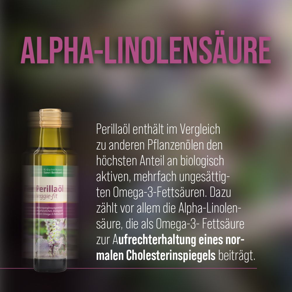 Eine Flasche Perillaöl Veggie-fit. Text: Alpha-Linolensäure.