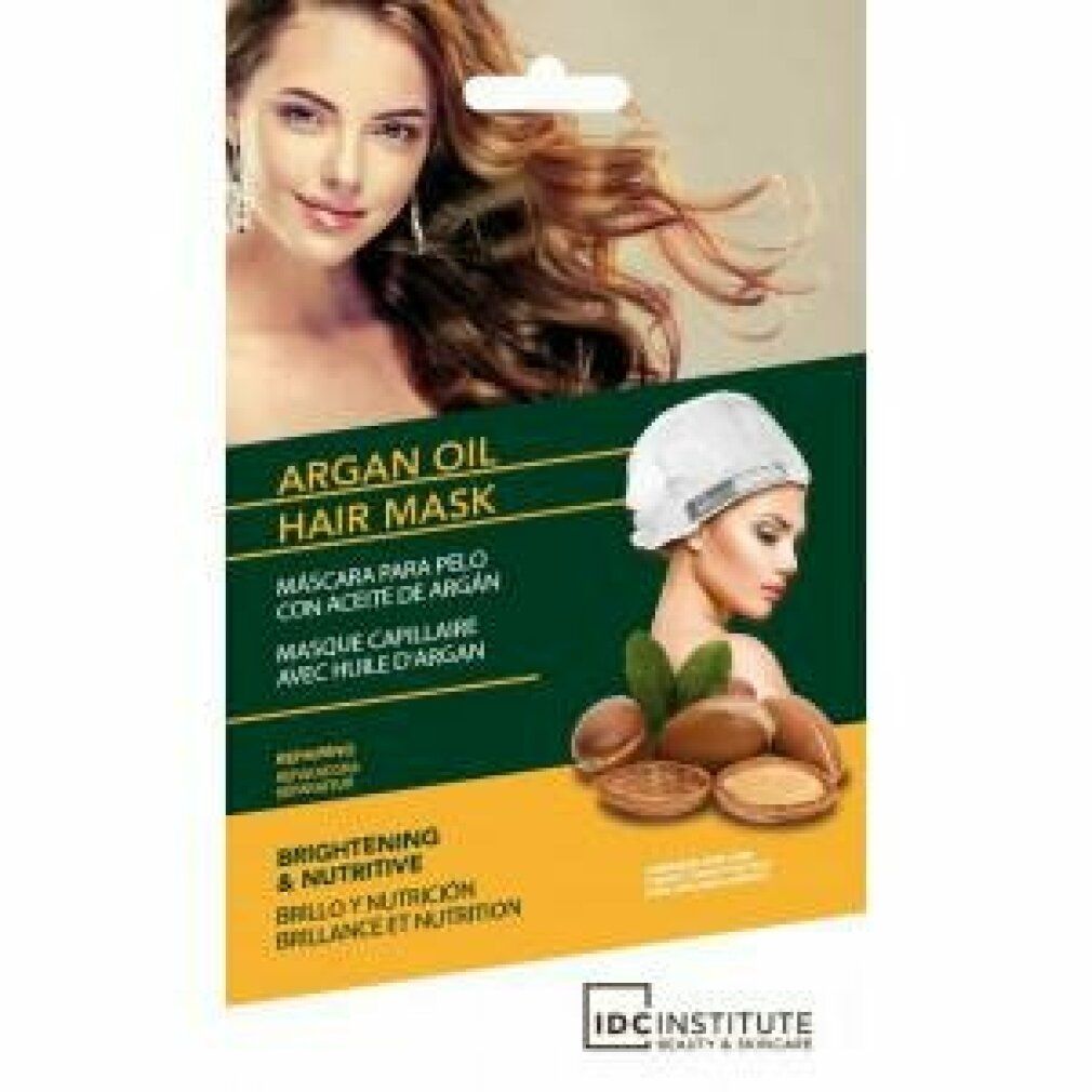Haarmasken-Verpackung mit Frau, Arganöl-Illustrationen und Text. Marke: IDC Institute.