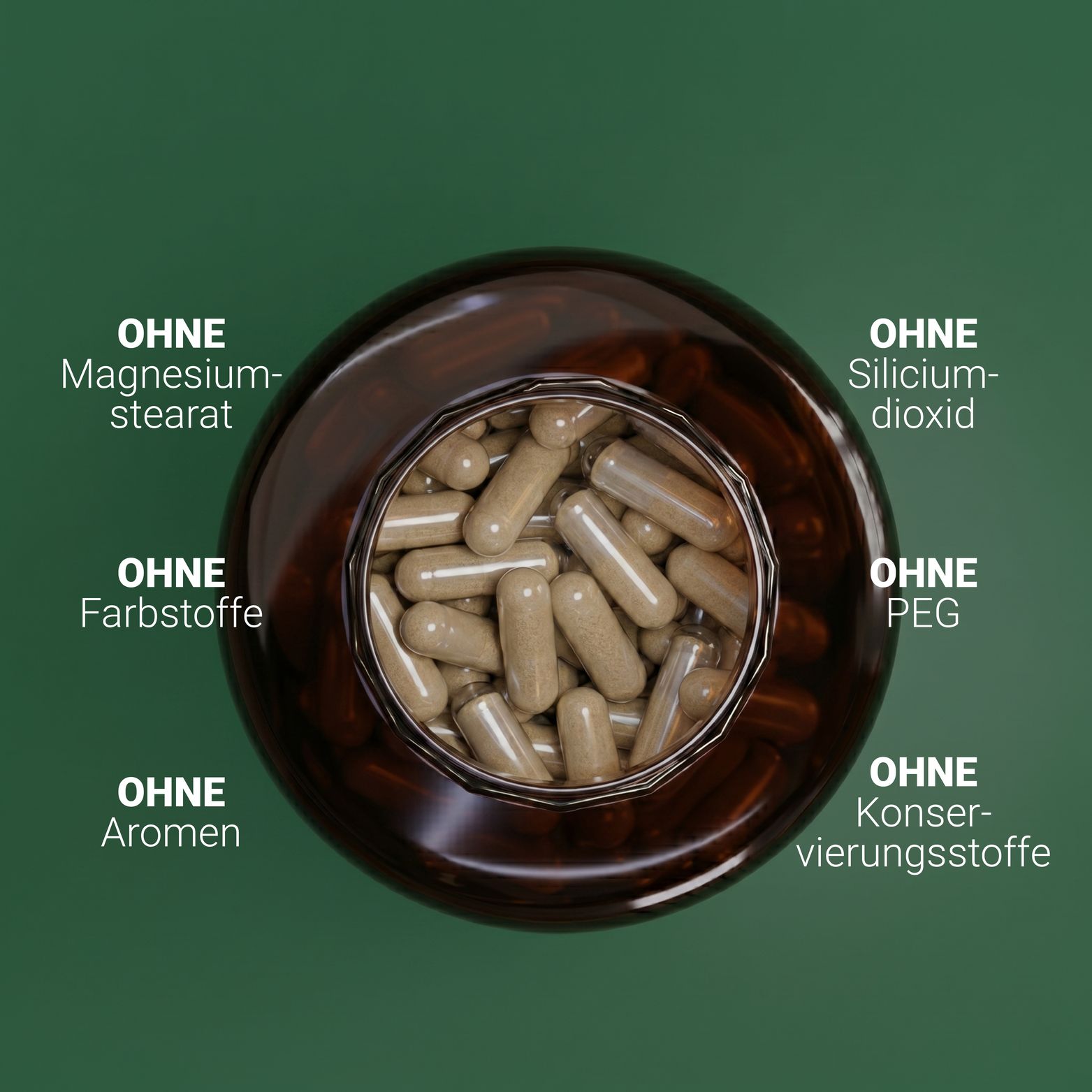 Braune Flasche mit Kapseln. Text: Ohne Magnesiumstearat, Siliciumdioxid, Farbstoffe, PEG, Aromen, Konservierungsstoffe.