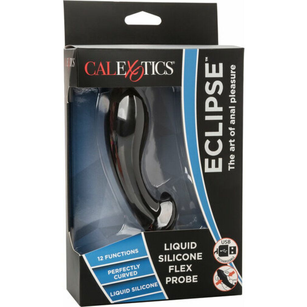 Schwarzes Wellness-Produkt in Verpackung. Marke CALEXOTICS. Produktname: ECLIPSE. Text: Liquid Silicone Flex Probe.