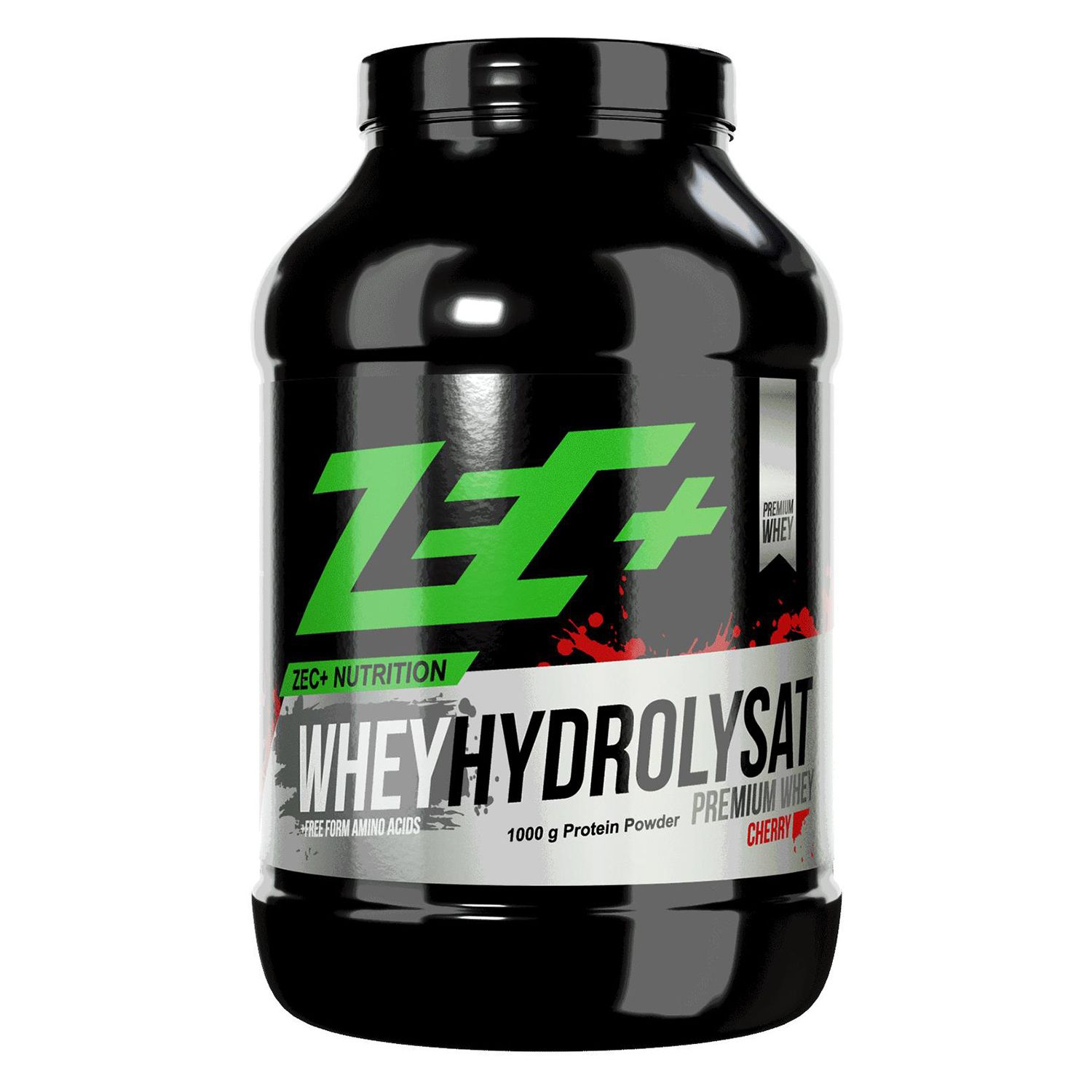 Schwarze Dose mit grünem Logo und Schriftzug "ZEC+ WHEY HYDROLYSAT". Enthält 1000g Protein Pulver, Geschmacksrichtung Kirsche.