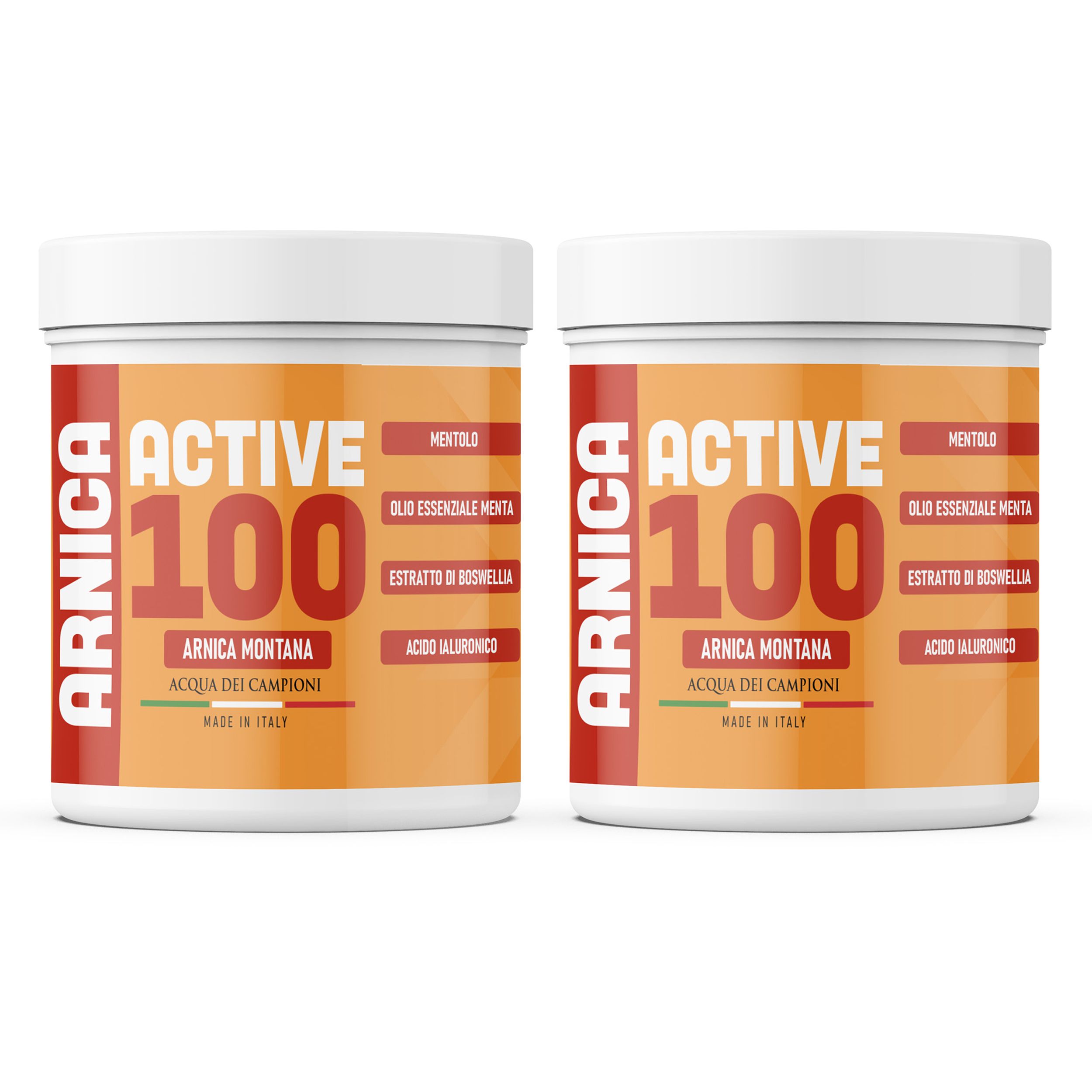 Zwei weiße Tiegel mit orangefarbenen Etiketten. Aufschrift: ARNICA, ACTIVE 100, ARNICA MONTANA, ACQUA DEI CAMPIONI. Zusätzliche Inhaltsstoffe.