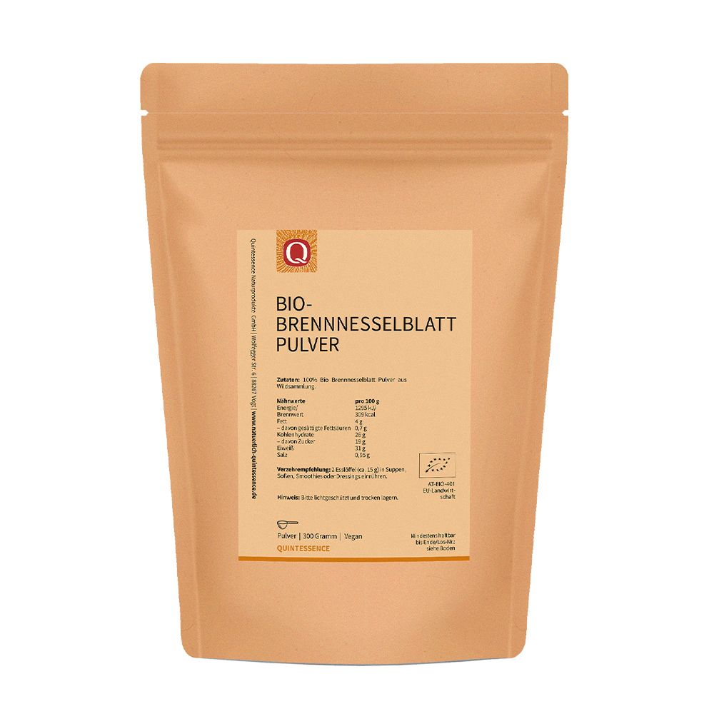 Beutel Brennnesselblatt Pulver. Nährwerttabelle, Zutaten, Verzehrempfehlung. Bio-Siegel.