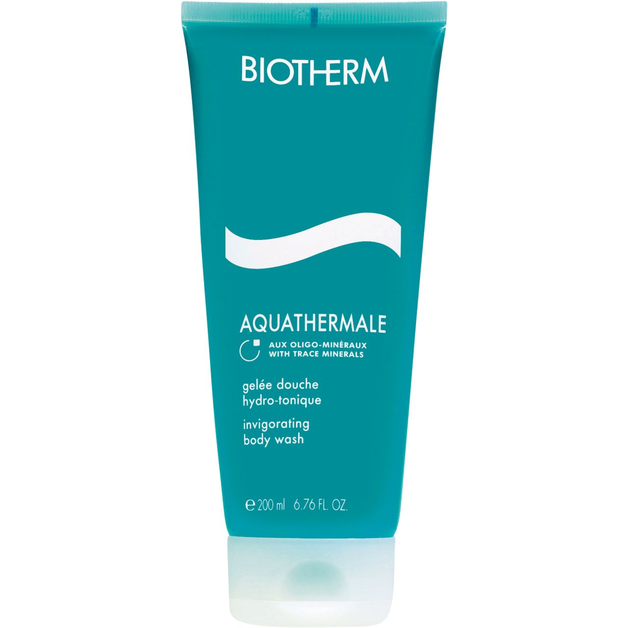 Türkisgrüne Tube mit BIOTHERM-Logo und AQUATHERMALE-Schriftzug. Duschgel.