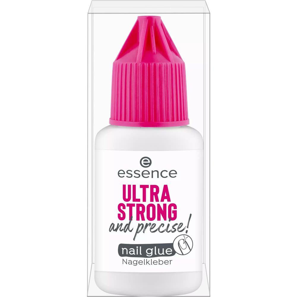 Nagelkleber-Flasche in transparenter Verpackung. Aufschrift: Ultra Strong and precise! Nagelkleber.