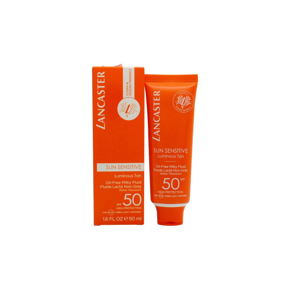 Orangefarbene Verpackung und Tube. Aufschrift: Lancaster, Sun Sensitive, Luminous Tan, SPF 50. Vegan-Siegel.