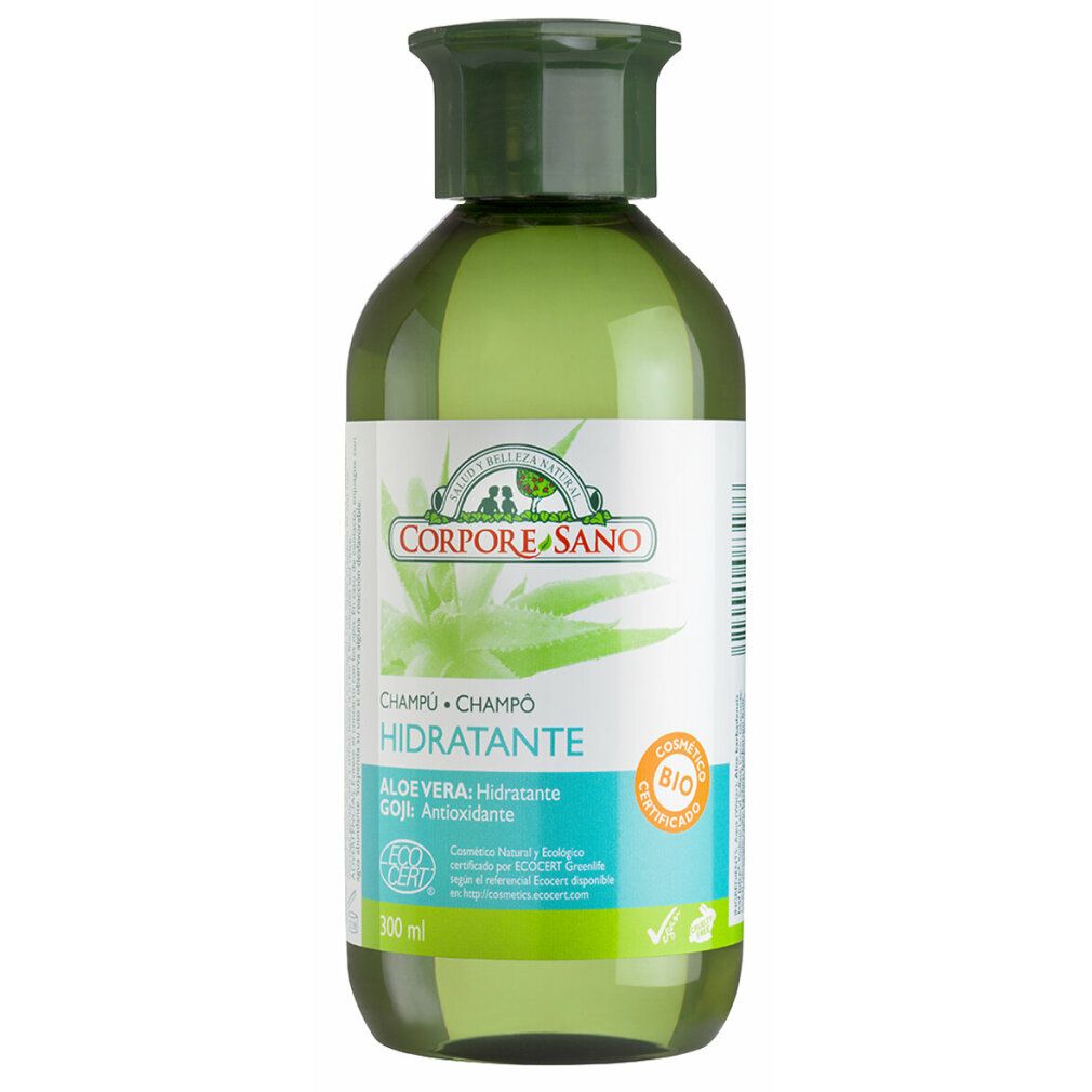Grüne Shampoo-Flasche mit weißem Etikett. Aufschrift: Corpore Sano, Champú Hidratante, Aloe Vera, Goji. Bio-Zertifizierung.