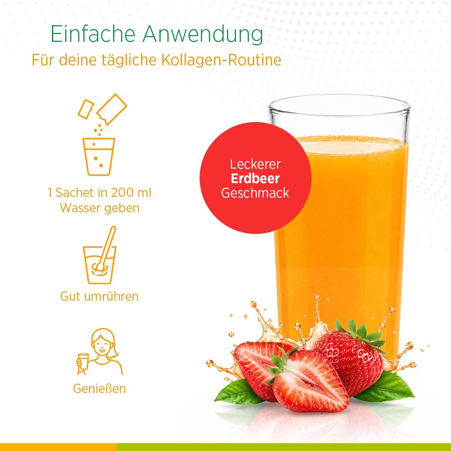 Frau trinkt Saft, Biostile Collagen Strawberry Beutel und Inhaltsstoffe.