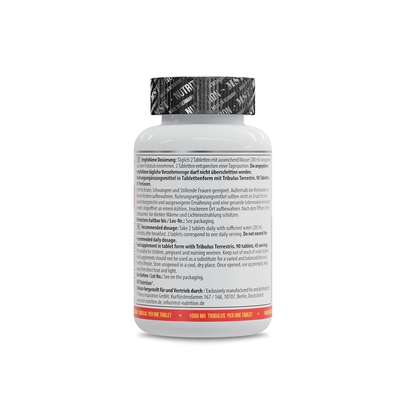 Rückseite einer Flasche MST Tribulus Nahrungsergänzungsmittel mit detaillierten Inhaltsangaben und Anwendungshinweisen.