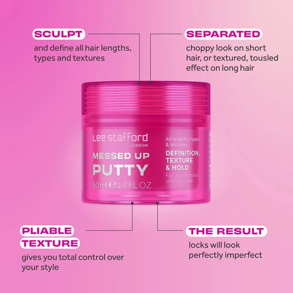 Rosa "Messed Up Putty" von Lee Stafford. Produktinformationen und Anwendungsbeispiele. Text und Volumenangaben.