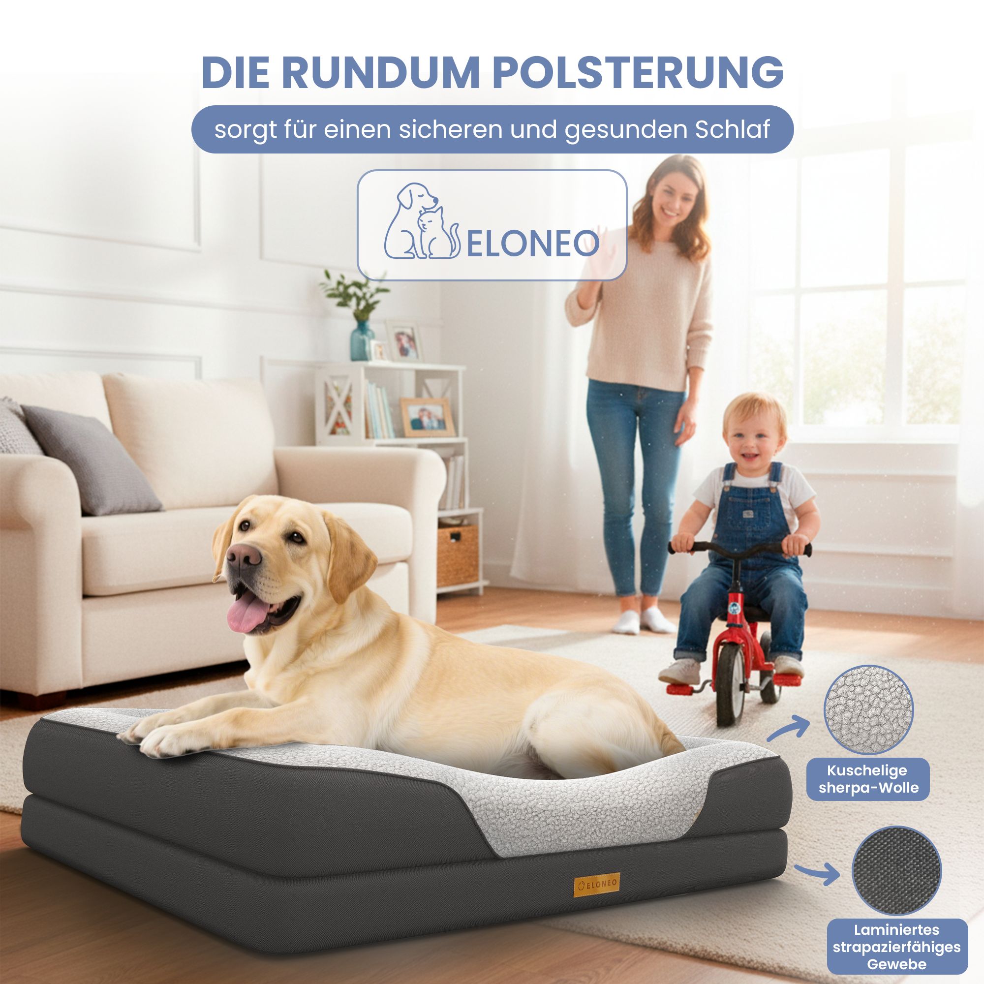 Hundebett im Wohnzimmer. Hund liegt auf dem Bett. Frau und Kind im Hintergrund. ELONEO Logo.