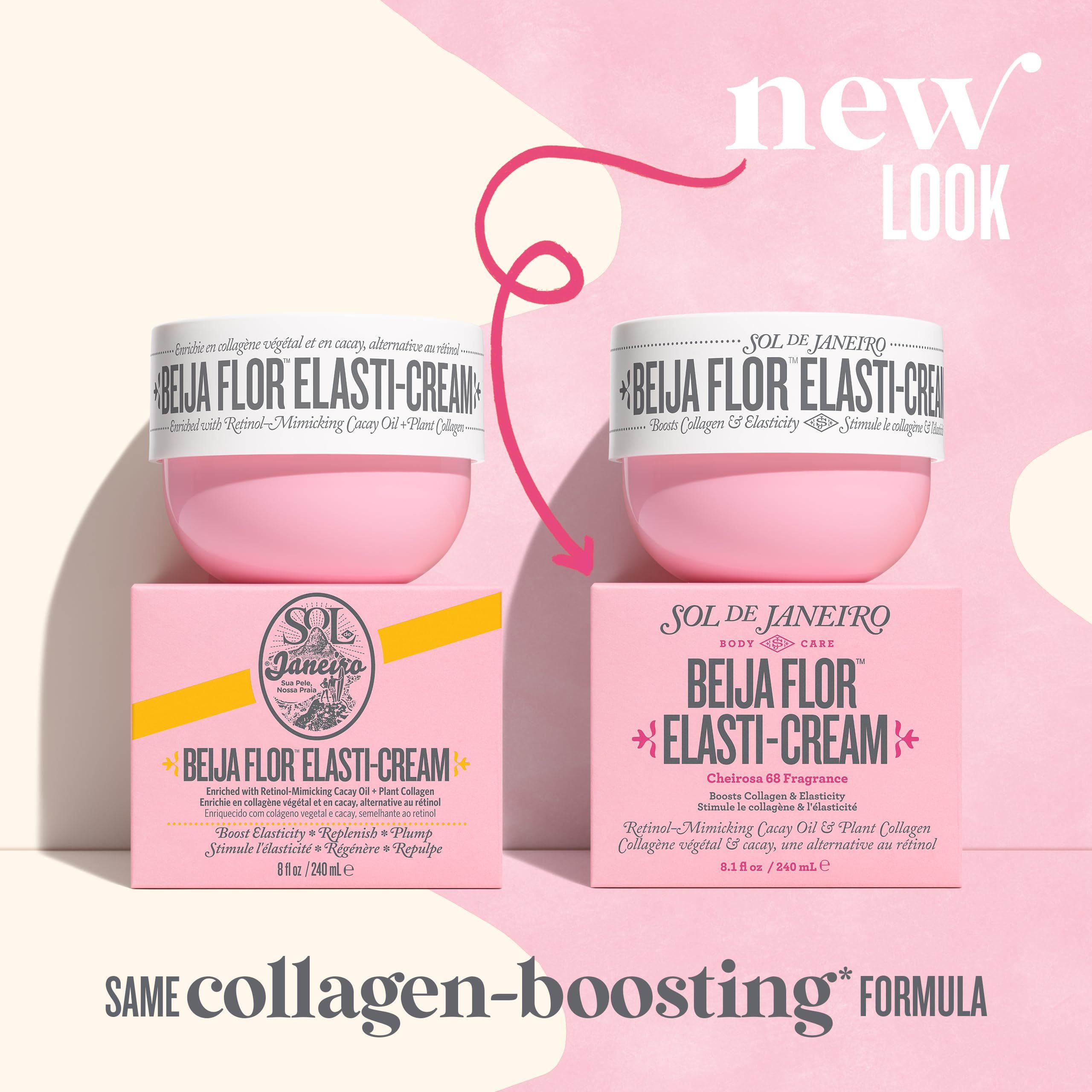 Zwei rosa Creme-Dosen und Verpackungen. Aufschrift: Beija Flor Elasti-Cream. Gleiche Formel zur Steigerung des Kollagens.