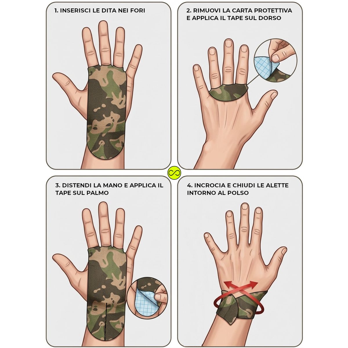 Mann mit beiden Händen, die mit camouflage-farbenem Tape geschützt sind.