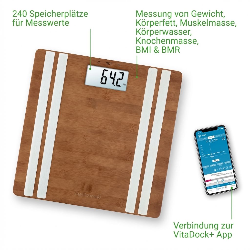 Körperanalysewaage aus Bambus mit Display, Smartphone-App und Speicherplatz-Info.