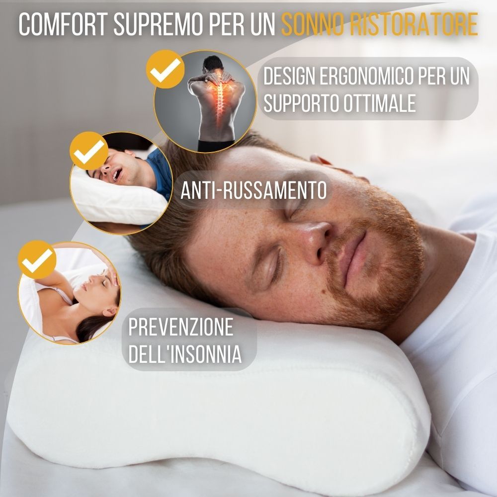 Uomo dorme su cuscino. Testo: Design ergonomico, anti-russamento, prevenzione insonnia.