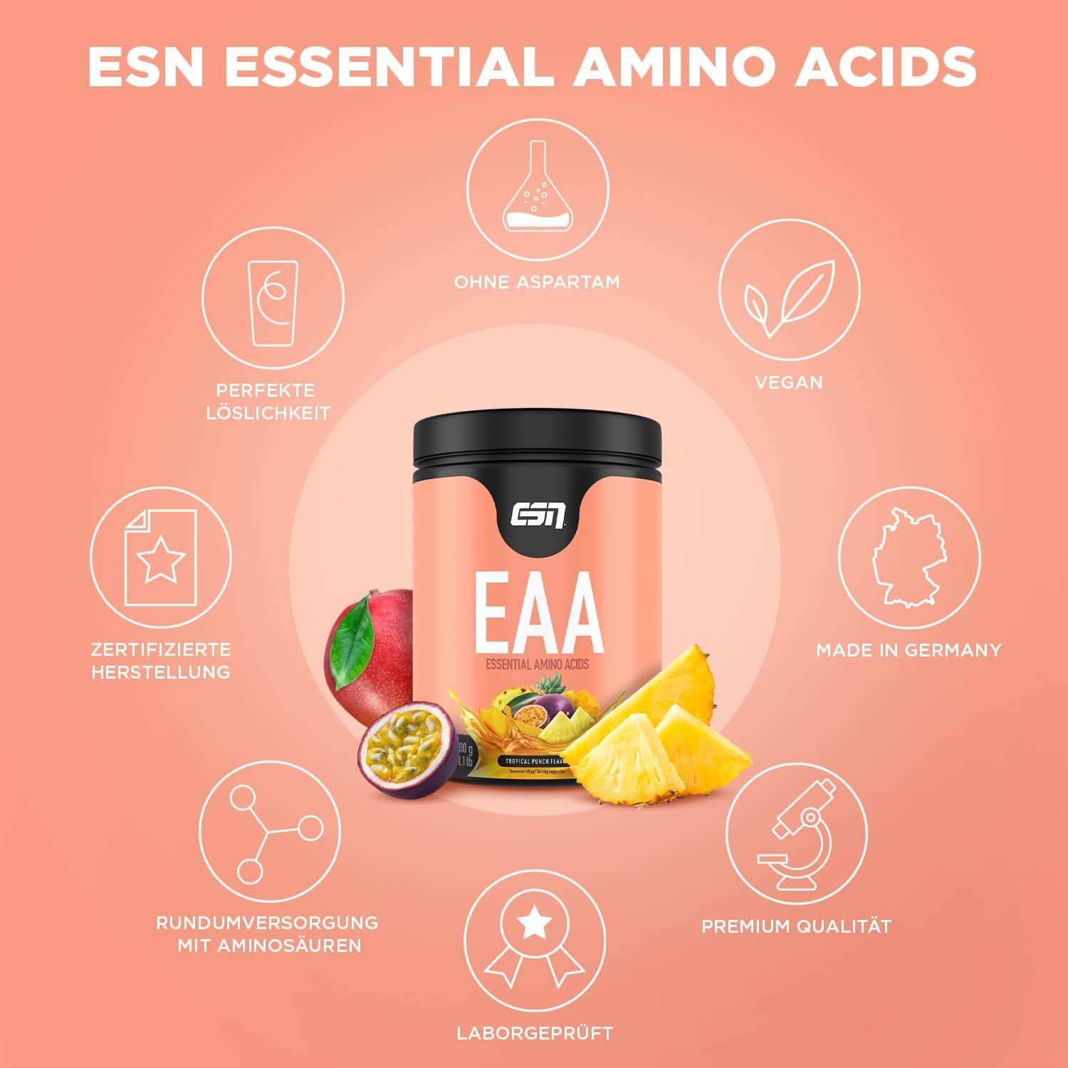 ESN EAA Dose, Früchte. Icons: Ohne Aspartam, Vegan, Zertifizierte Herstellung, Premium Qualität, Laborgeprüft, Rundumversorgung, Perfekte Löslichkeit.