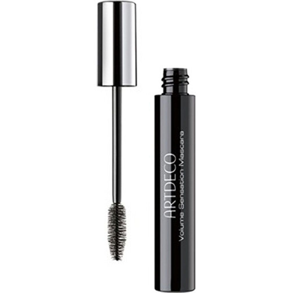 Schwarze Artdeco Volume Sensation Mascara-Tube mit silberner Kappe und Bürste. Kappe und Bürste sind getrennt.